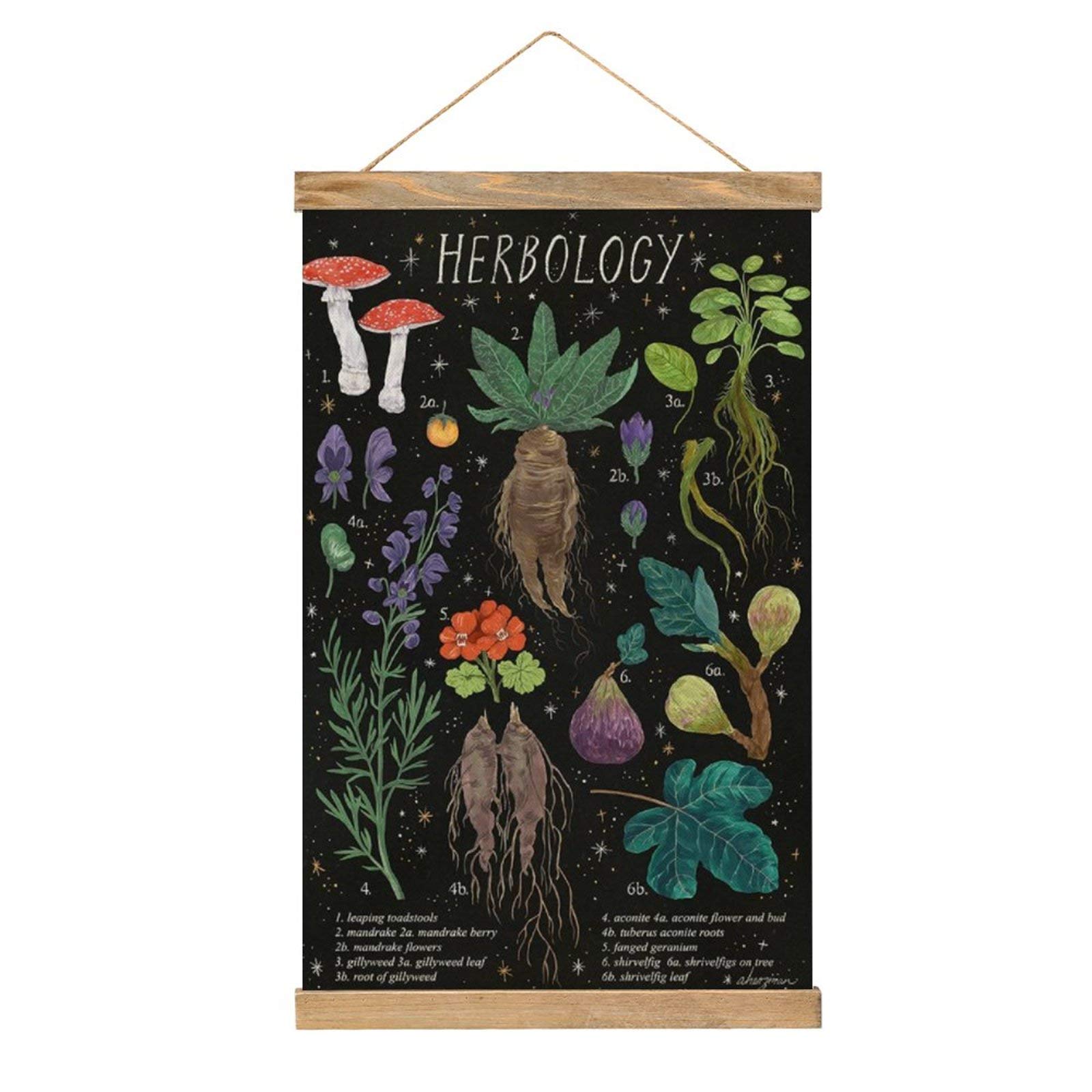 Herbology Hanging Poster with Wood Frame - Botanical Wall Art Print & Tapestry for Home, Dorm, Office Decor | Perfect for Living Room, Bedroom & Study Space