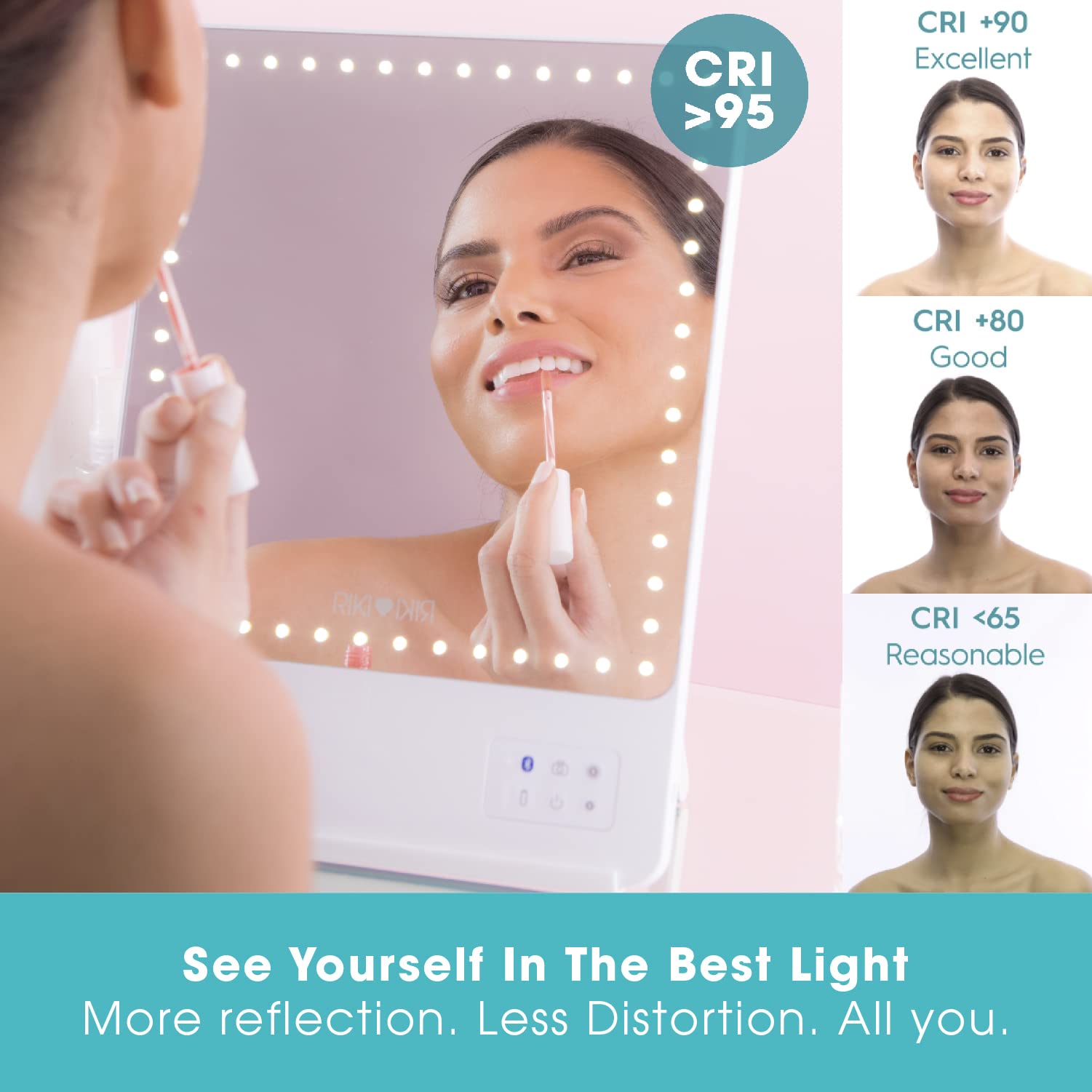 Glamcor Riki Skinny Smart Vanity Mirror with HD LEDs - 5X Magnifying Mirror, Phone Holder & Bluetooth Control - White Makeup Mirror for Professional & Home Use - Perfect for Makeup Application, Skincare & Selfie Lighting