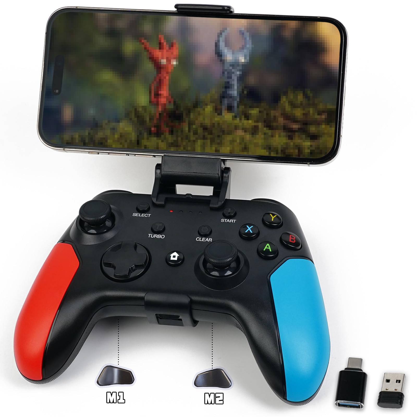 Wireless Bluetooth Controller for iPhone, Android, Switch, PC - Gaming with Dongle & Phone Clip