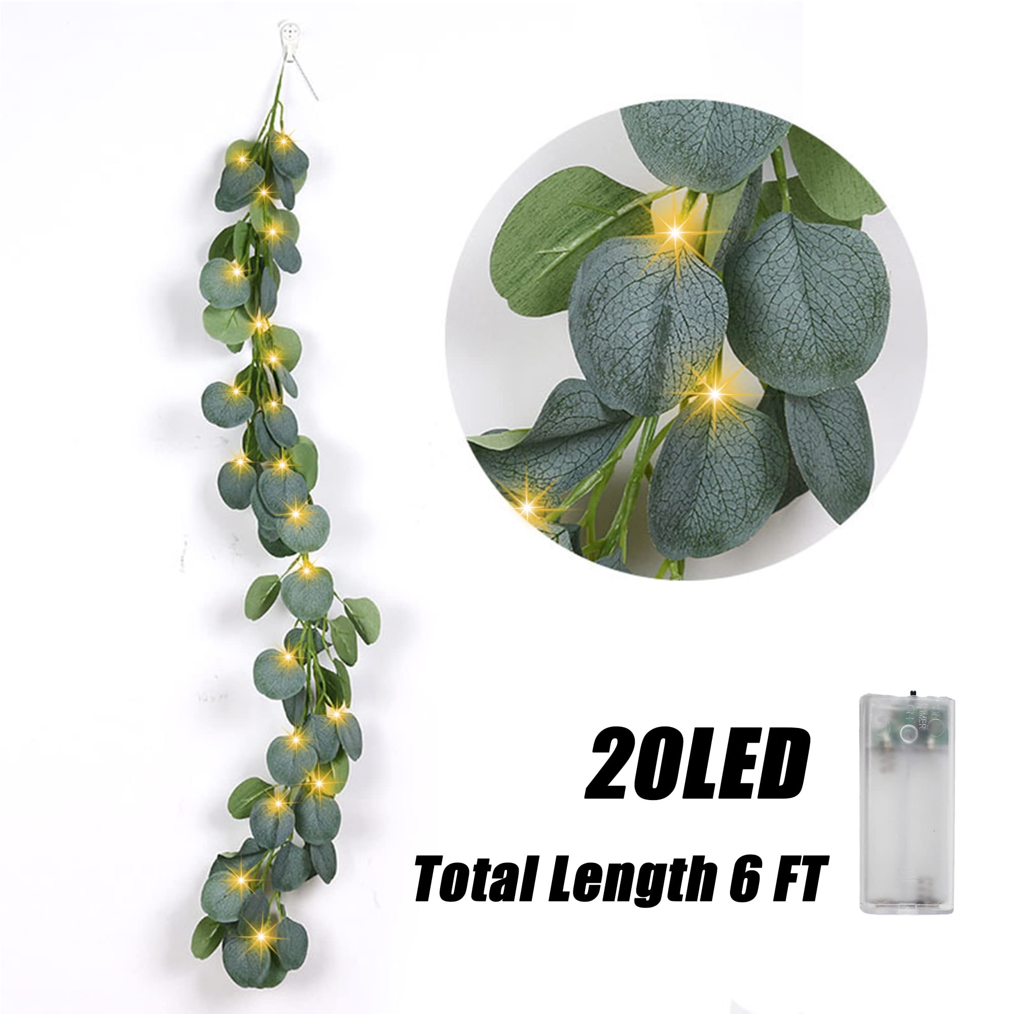 20 Warm White LED Eucalyptus Leaves Garland - 6.6ft Artificial Greenery String Lights for Home, Wedding & Party Decorations | Perfect for Wall Decor, Table Centerpieces, and Outdoor Lighting