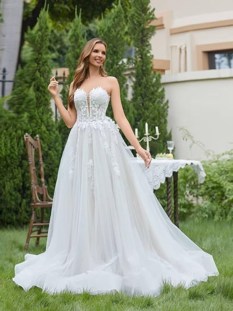 Strapless Tulle Applique Ball Gown Wedding Dress for Bride - Elegant Long Formal Bridal Gown for Women | Perfect for Church Ceremony, Beach Wedding & Reception