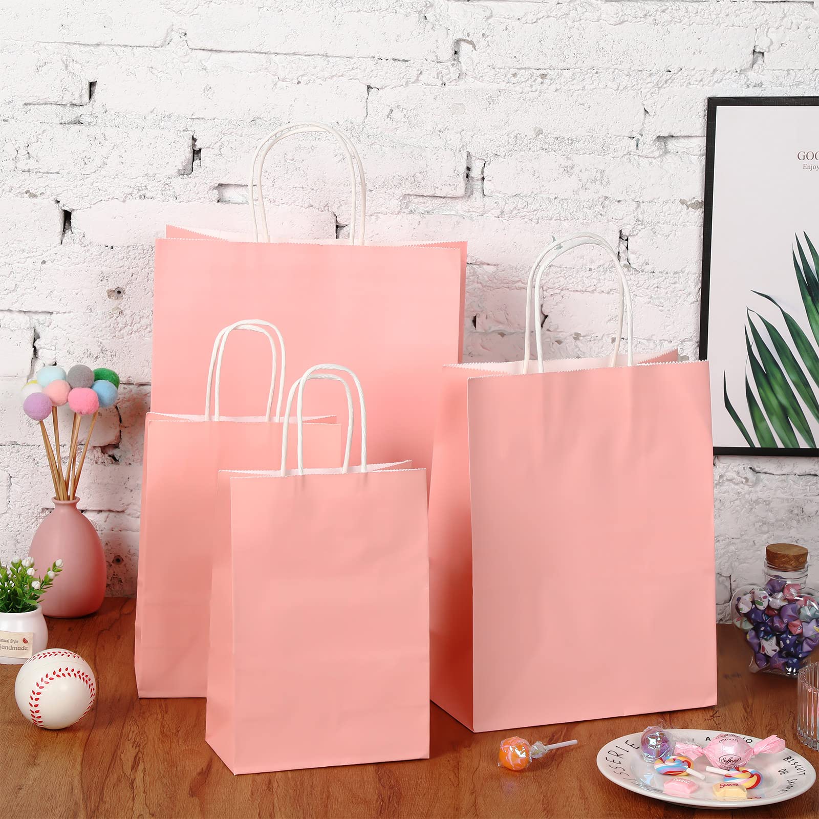 Sabary 75 Pcs Kraft Paper Gift Bags with Handles - Eco-Friendly Retail Shopping Bags for Parties, Weddings & Business Merchandise (3 Sizes, Pink) - Perfect for Birthday Gifts, Store Packaging & Event Favors