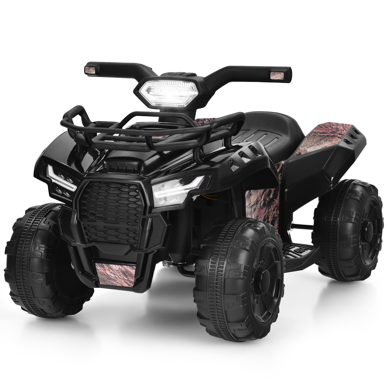 Costzon 6V Kids ATV Electric Ride-On Toy with Storage Basket, Headlight, Horn, Music, MP3 & USB - Battery Powered Four Wheeler Quad for Toddlers 18-36 Months (Black+Camo) - Perfect for Outdoor Play, Backyard Adventures & Birthday Gifts for Boys & Girls
