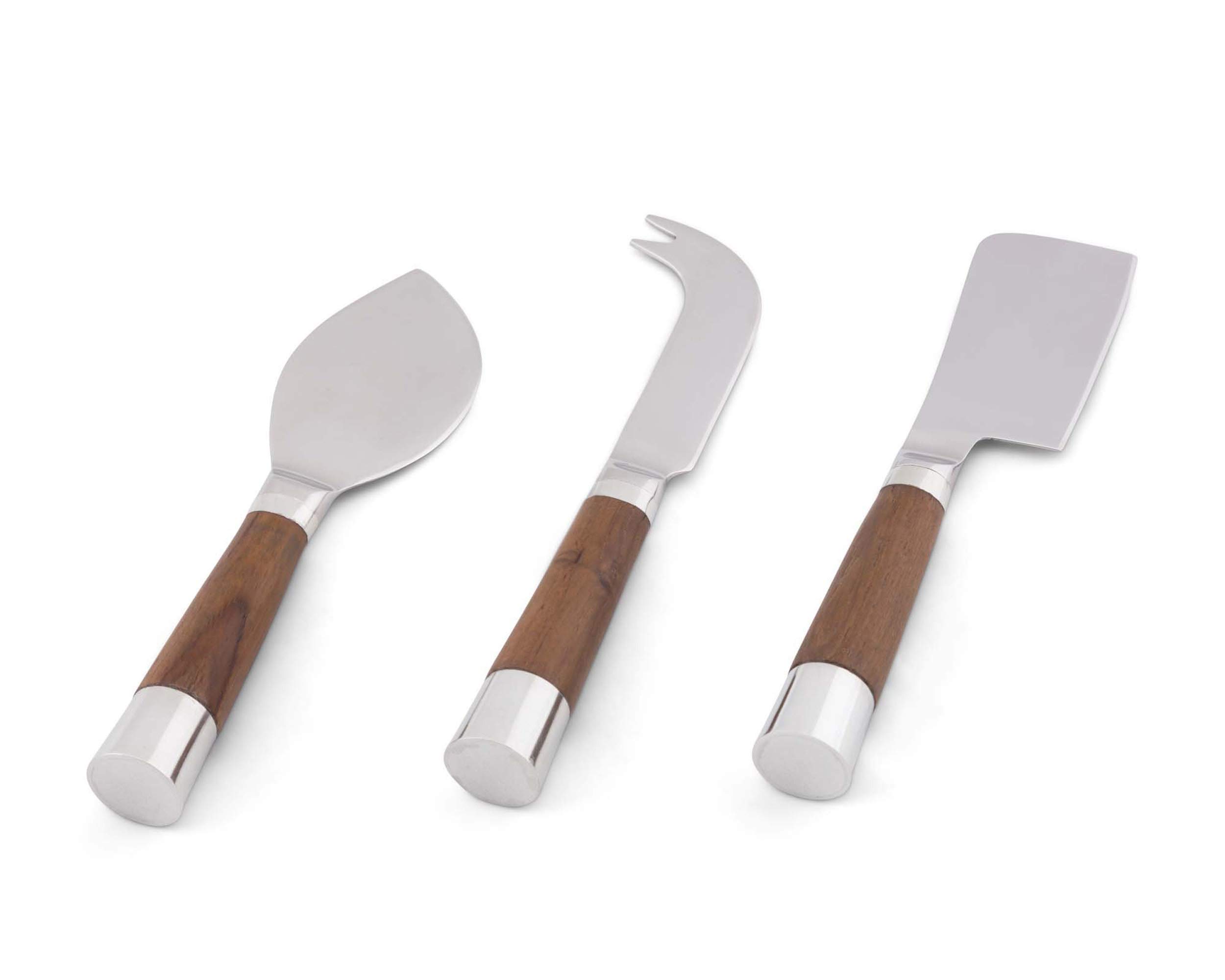 Vagabond House Modern Tribeca 3-Piece Cheese Set - Pewter with Teak Handles & Stainless Steel Heads - Knife, Cleaver & Chisel - Mid Century Design - 8 Inch - Perfect for Wine & Cheese Parties, Charcuterie Boards & Gourmet Entertaining
