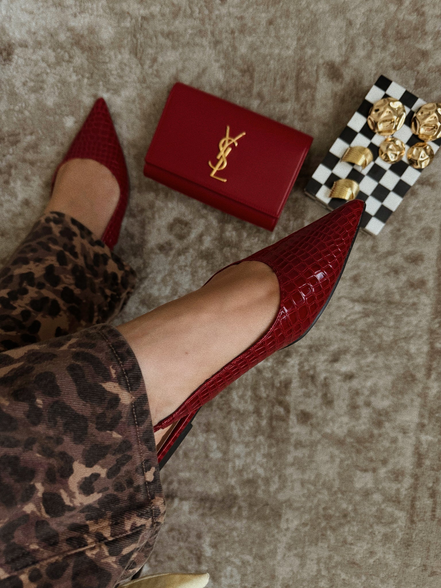 Ashlyn Pointed Toe Flats - Women's Cherry Red Crocodile Print Ballet Shoes for Work & Office | Comfortable Slip-On Flats for Business Casual & Professional Outfits