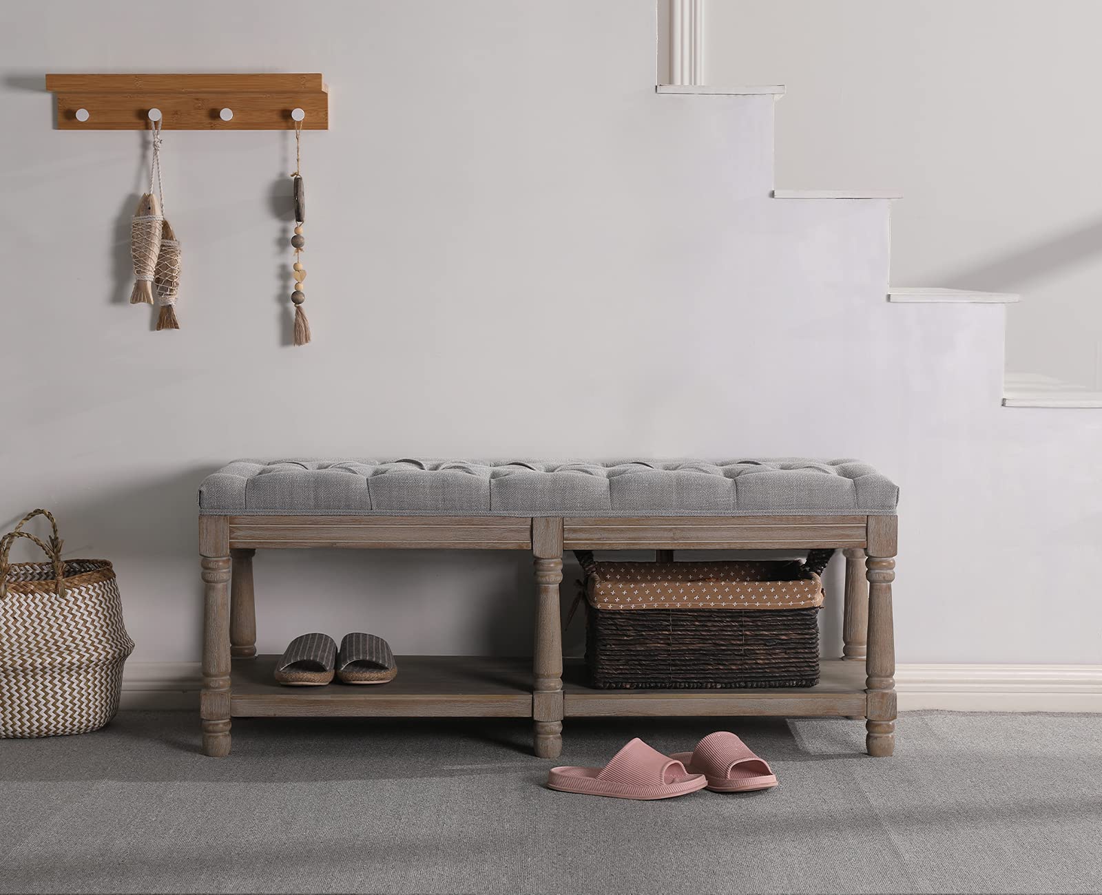Kmax Storage Entryway Bench - Tufted Shoe Rack with Wooden Seat | Multi-Functional Hallway Bench for Entrance, Bedroom Corner & Window Seat (Gray) - Perfect for Small Space Organization & Shoe Storage Solutions