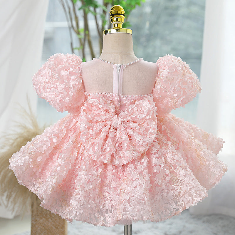 Pink Lace Princess Flower Girl Dress with Floral Puff Sleeves - Elegant Flower Girl Outfit for Weddings, Baptisms & Special Occasions