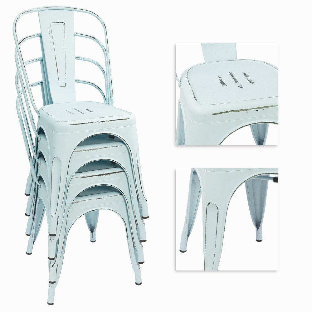 **Distressed Blue Metal Stackable Dining Chairs Set of 4 - Indoor & Outdoor Kitchen, Patio, Restaurant & Cafe Use - Rustic Farmhouse Style Side Chairs with Back Support**
