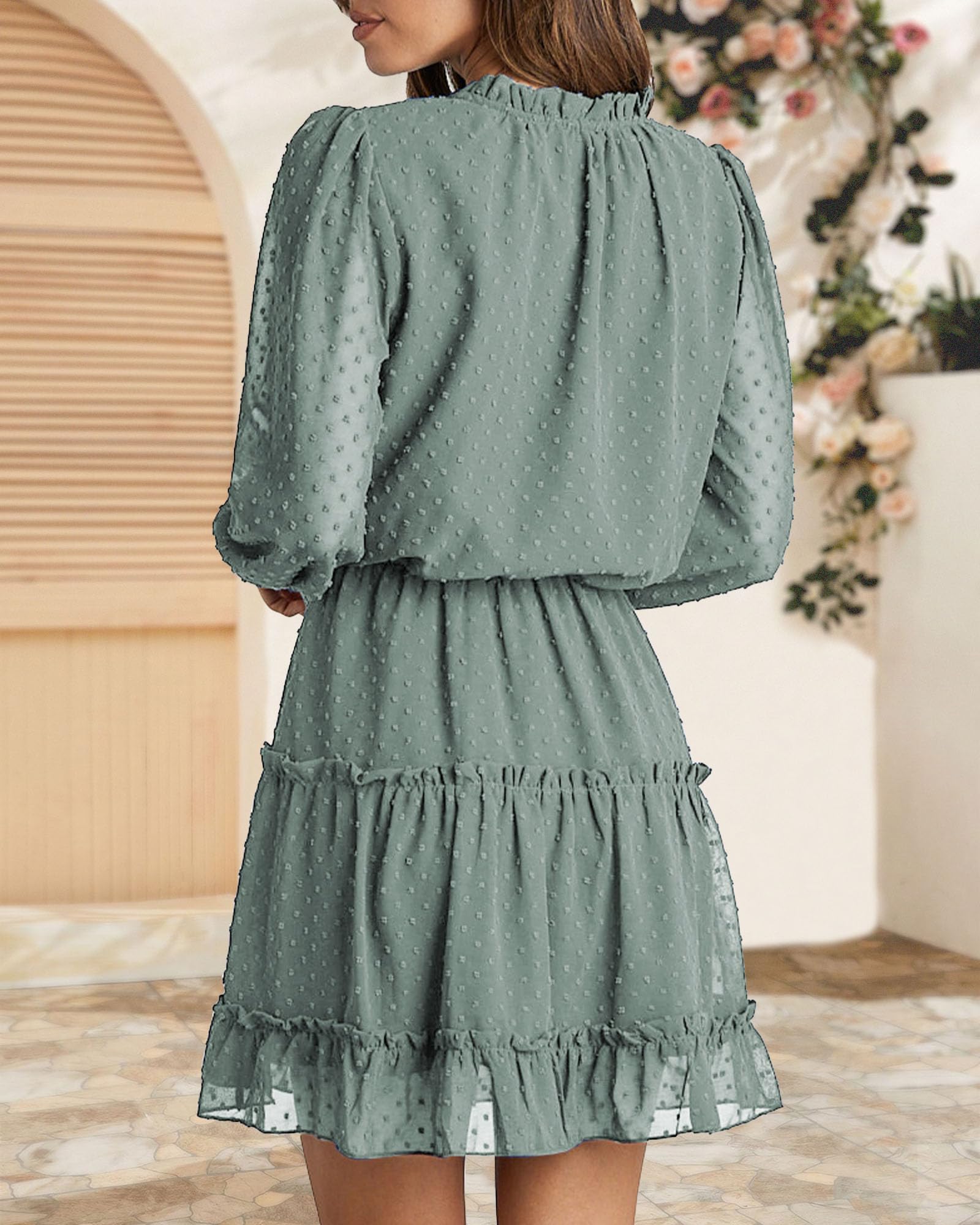 BTFBM Women's Casual Summer Spring Dress 2025 - Tie Neck Long Sleeve High Waist Tiered Ruffle A-Line Swing Mini Tunic Dress for Outdoor Parties, Date Night & Vacation Wear