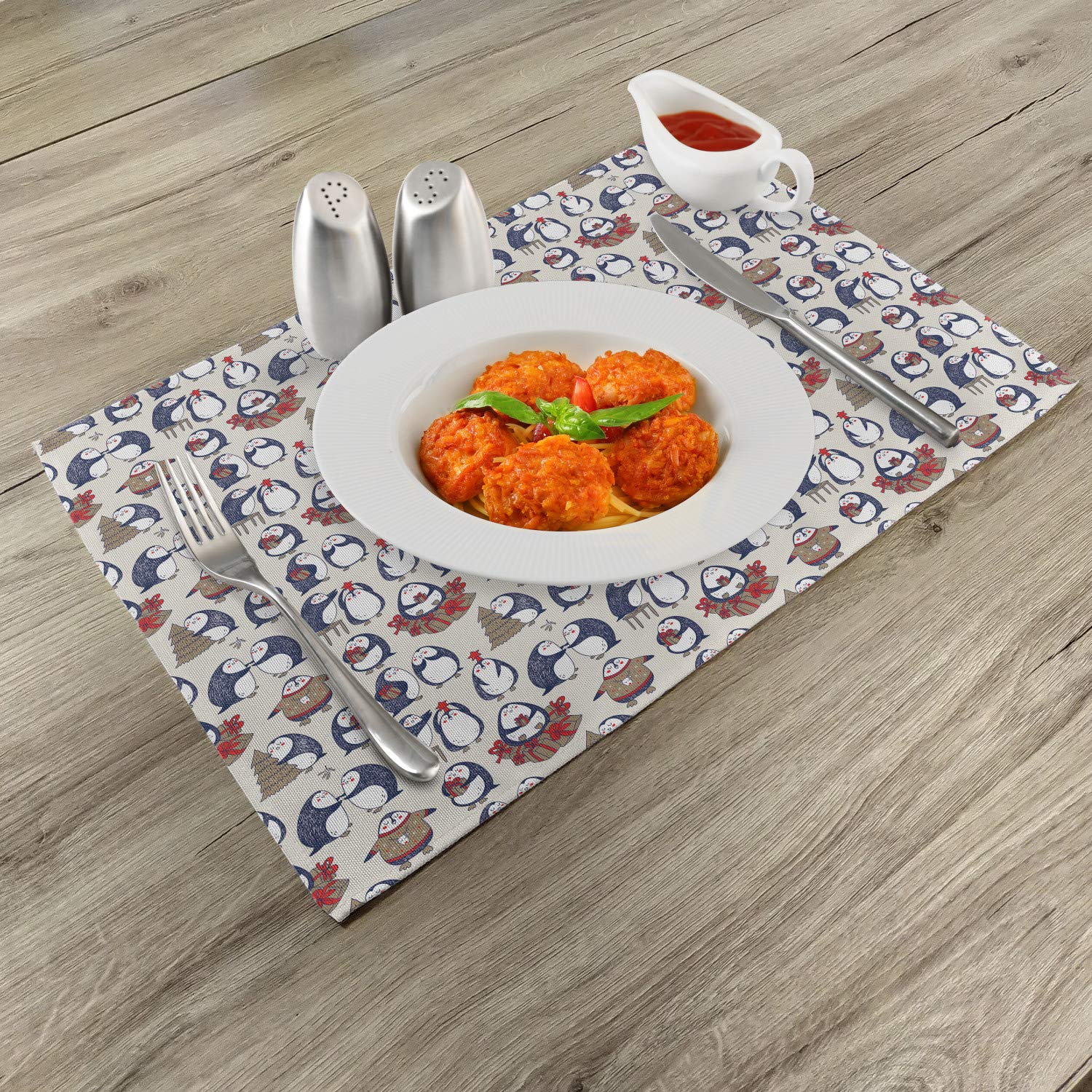 Ambesonne Christmas Placemats Set of 4 - Hand Drawn Grunge Penguins with Stars Holiday Design, Washable Fabric Table Mats for Dining Room & Kitchen Decor (Navy Blue/White/Umber) - Perfect for Christmas Dinner, Holiday Parties & Festive Home Decor