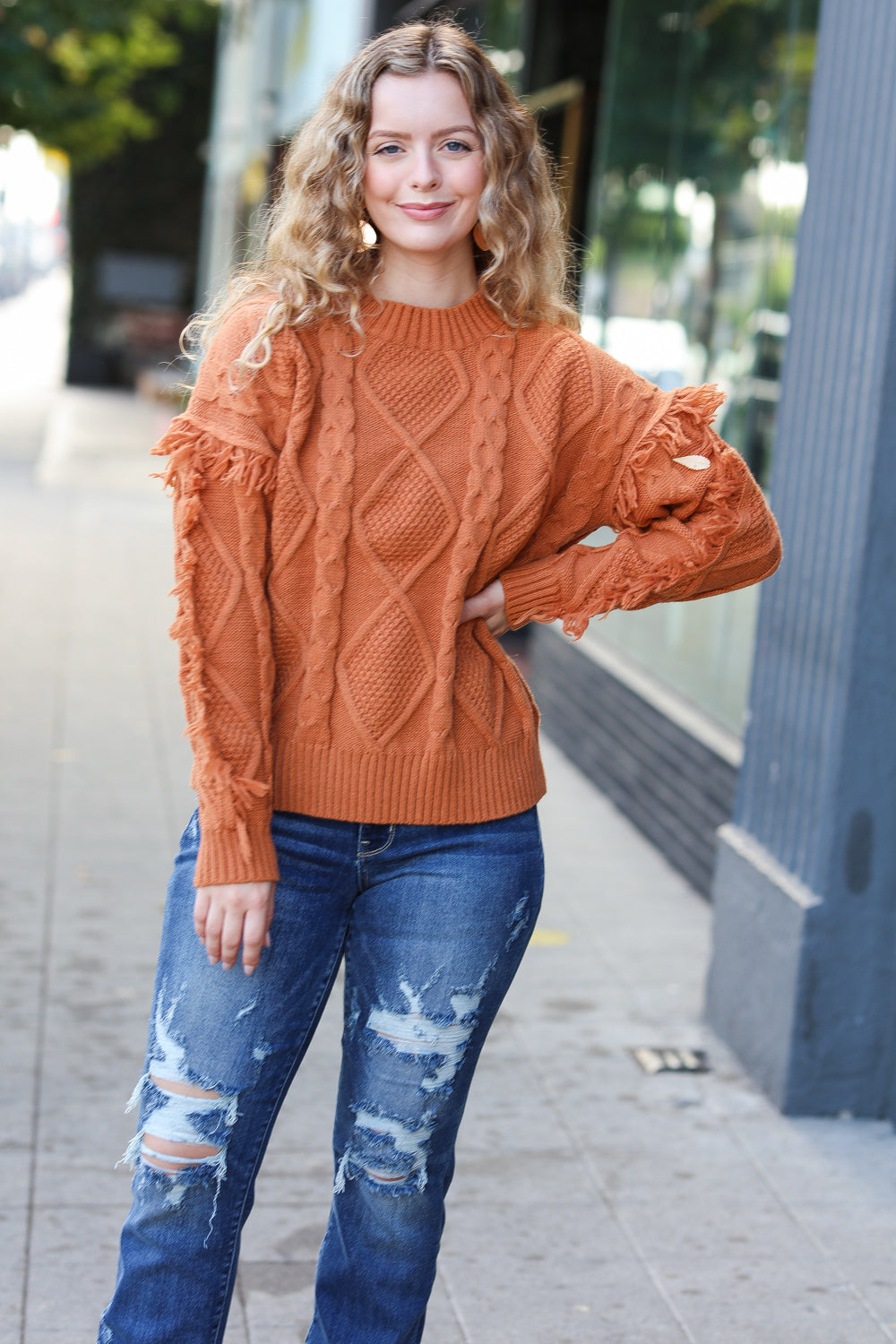 Joyful Days Rust Cable Knit Tassel Fringe Sweater for Women - Cozy Autumn Winter Pullover with Boho Chic Style | Perfect for Fall Outfits, Holiday Parties & Casual Wear