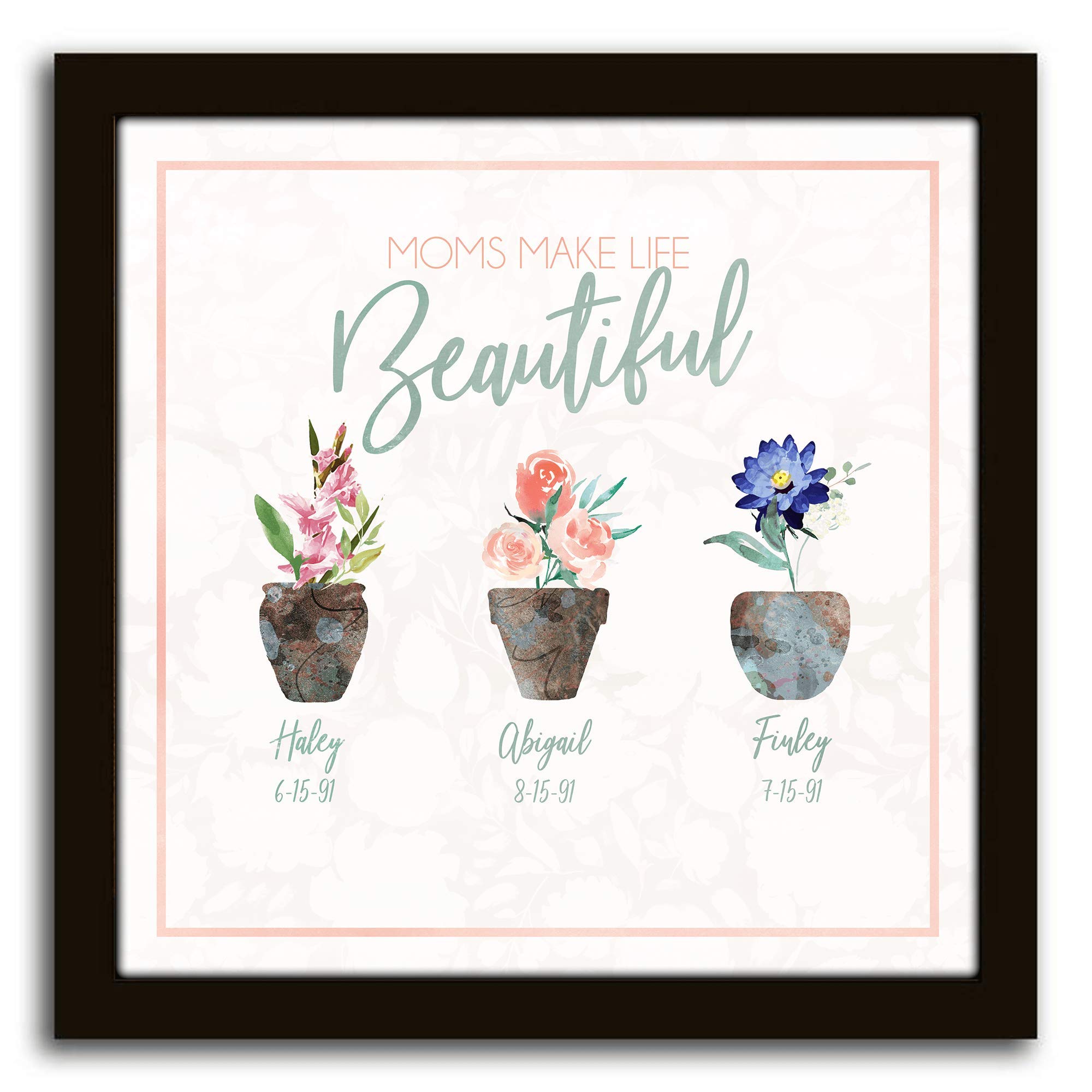 Personalized Birth Month Flowers Canvas - Custom Mother's Day Gift for 1-5 Kids (15x15 Inch Framed Wall Art) - Perfect Nursery Decor & Unique Birthday Present