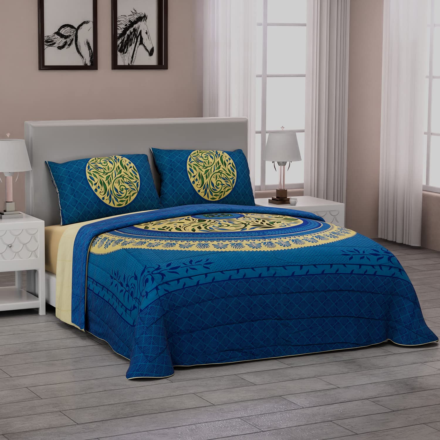 Shop LC Blue Printed Cotton Hand-Quilted Ultra Soft Quilt Set with 2 Pillow Shams | Hand-Stitched Bedspread for Cozy Bedroom Decor | Perfect for Master Bedroom, Guest Room & Farmhouse Style Homes