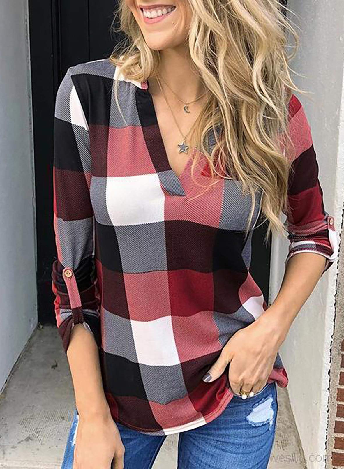 Dokotoo Women's Basic Casual V-Neck Plaid Print Long Sleeve Blouse - Comfortable Work Shirt with Cuffed Sleeves (Sizes S-3XL) | Perfect for Office, Business Casual & Everyday Wear
