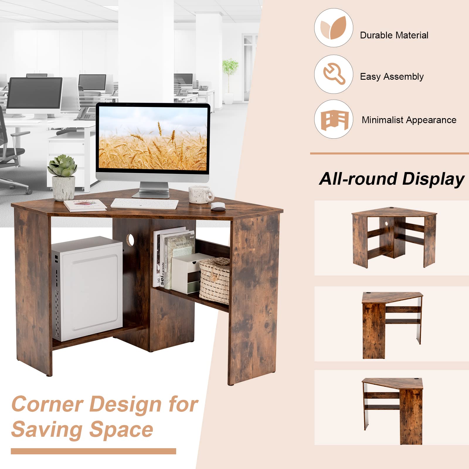 Tangkula 90-Degree Corner Computer Desk with Storage Shelves & CPU Stand - Space-Saving Small L-Shaped Desk for Home Office, Bedroom, Dorm | Perfect for Gaming, Studying & Makeup Vanity