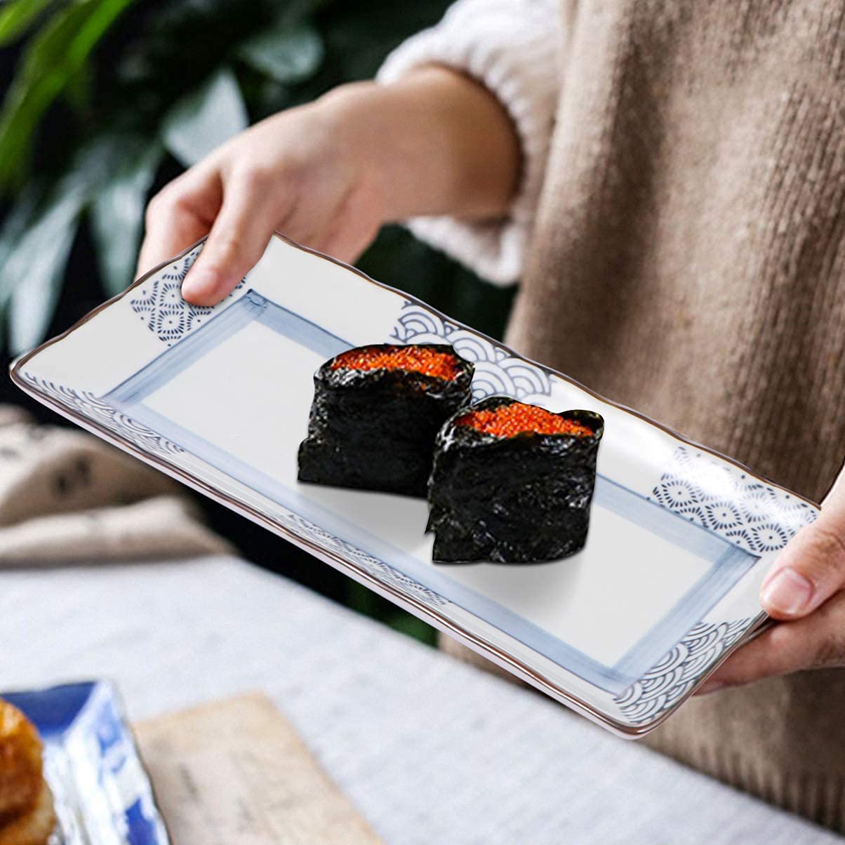 Japanese Porcelain Rectangular Sushi Plates - Elegant Serving Platter for Sushi, Onigiri, Desserts & Snacks - Perfect for Home Dining, Parties & Restaurant Use