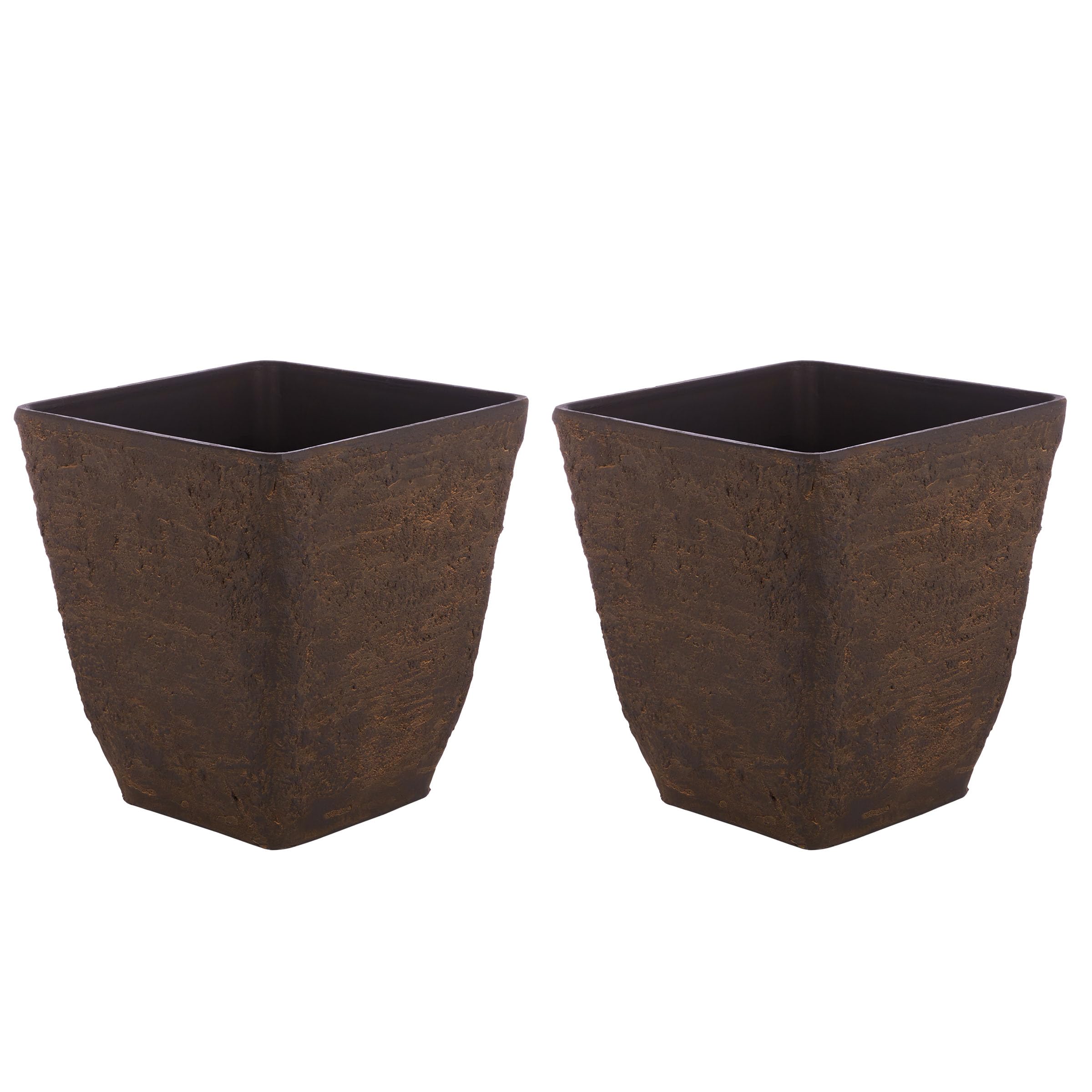 Alpine Corporation Indoor Outdoor Stone Look Square Planter Set of 2 - Small Brown Flower Pots for Patio, Garden, Deck & Home Decor