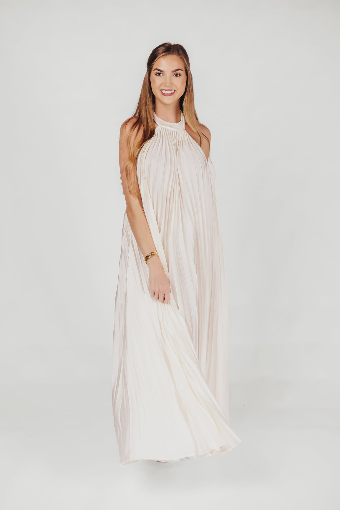 Maren Pleated Halter Maxi Dress in Cream | Bump Friendly Maternity Dress | Perfect for Baby Showers, Weddings & Summer Vacations
