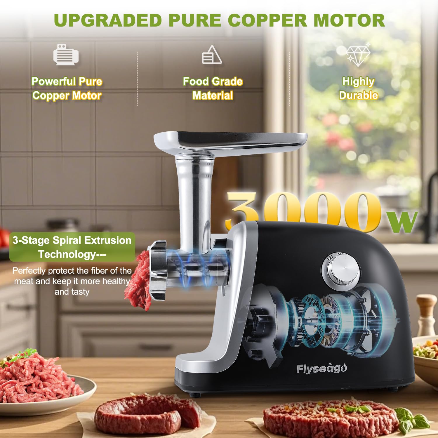 3000W Electric Meat Grinder & Sausage Maker - Heavy Duty Stainless Steel Mincer with 3 Grinding Plates, 2 Blades & Sausage Stuffer Tubes - Perfect for Home Kitchen, BBQ Parties & Meal Prep