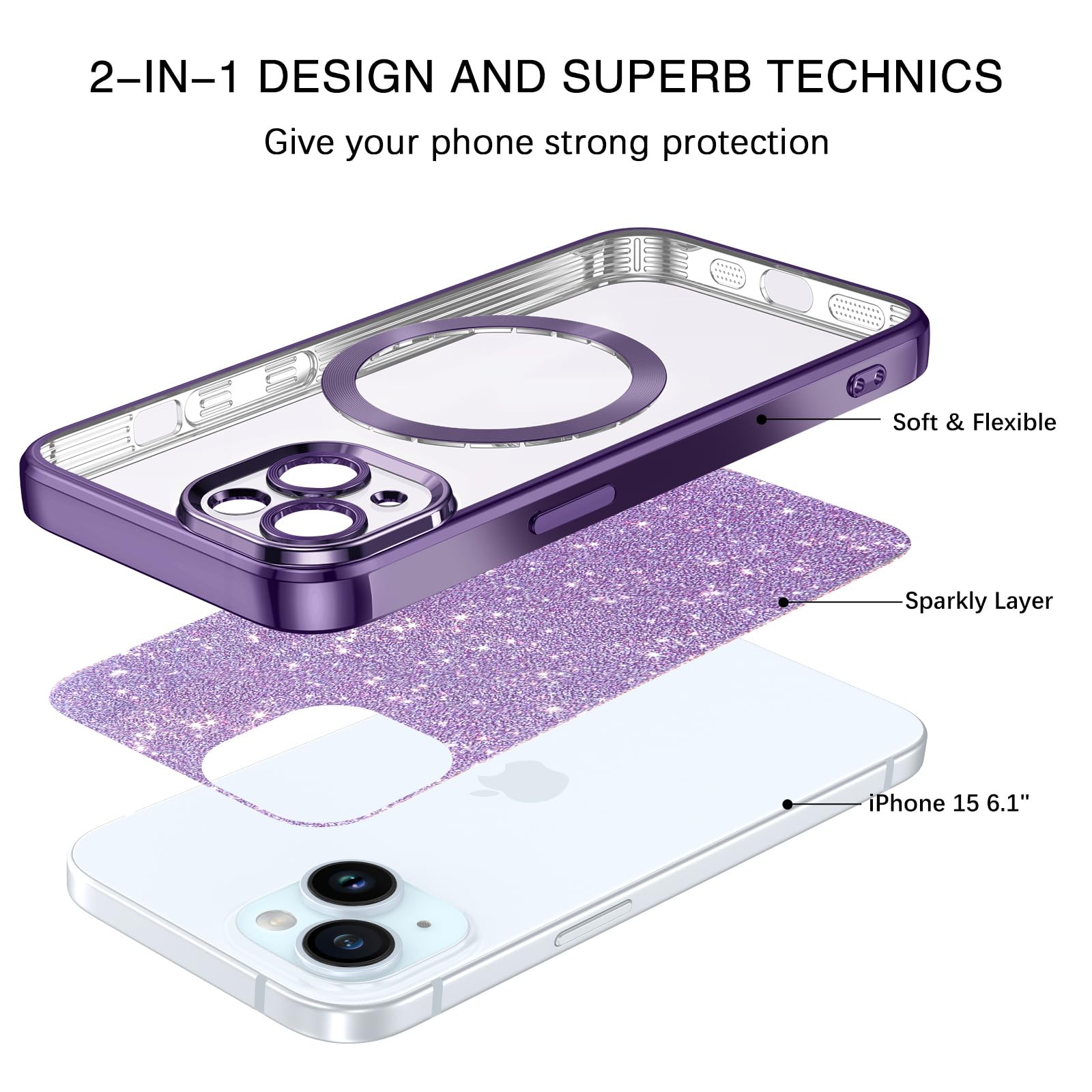 VENINGO iPhone 15 Case 6.1 Inch - Luxury Glitter Bling Shockproof Cover with MagSafe Compatibility, Full Body Protection & Camera Protection - Dark Purple Case for Women & Girls - Perfect for Daily Use, Parties & Gifting