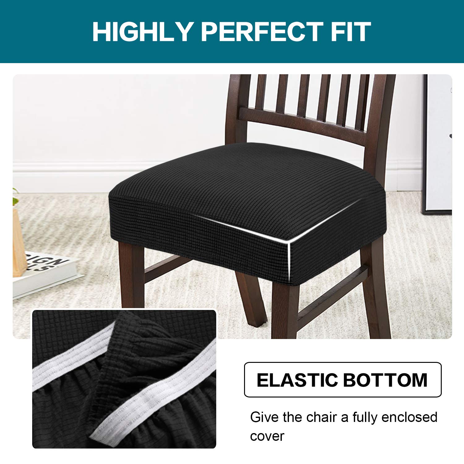 Turquoise Stretch Dining Chair Covers Set of 6 - Washable & Removable Kitchen Seat Slipcovers for Dining Room Chairs - Black Seat Protector Cushions | Perfect for Home, Restaurant, and Office Use