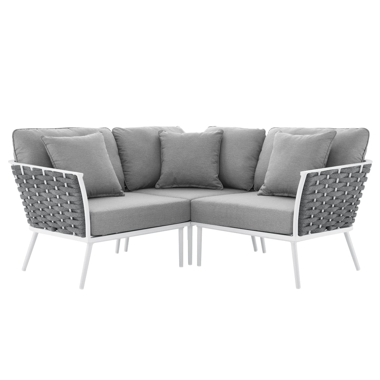 Modway Stance Outdoor Patio Woven Rope Aluminum Small Sectional Sofa Set - White & Gray - Perfect for Backyard, Poolside & Garden Relaxation