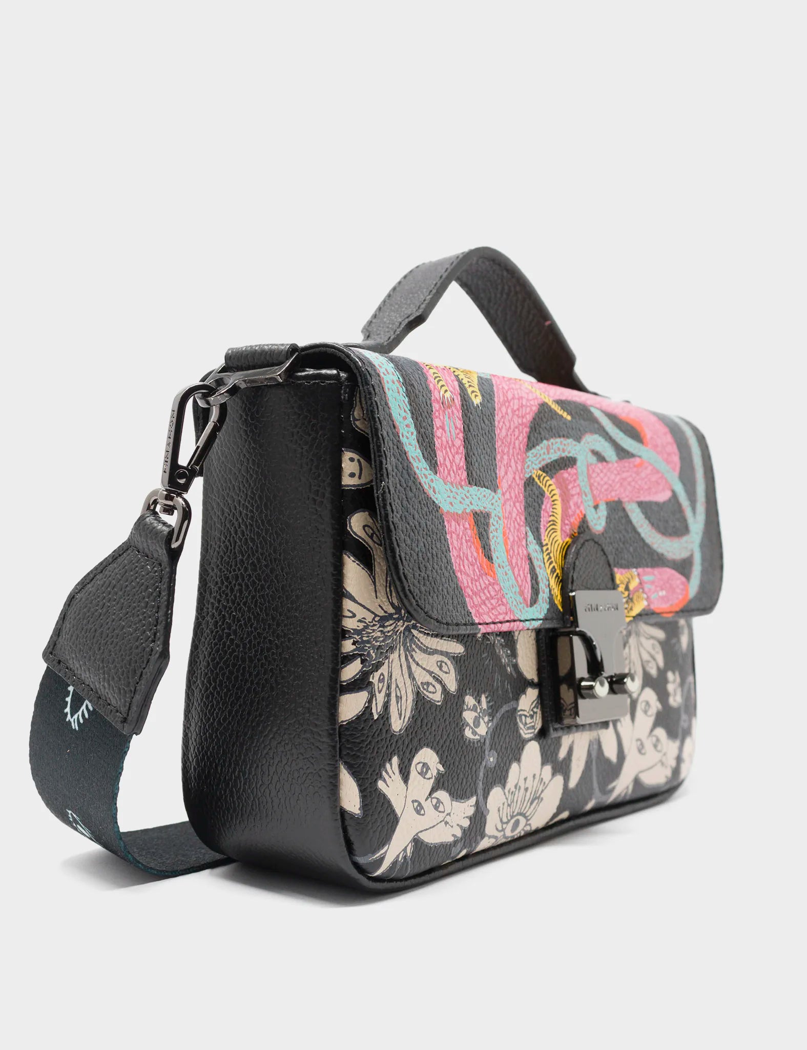 Amantis Black Leather Crossbody Mini Handbag with Tiger and Snake Design - Stylish Women's Purse for Casual Outings, Date Nights & Travel Accessories