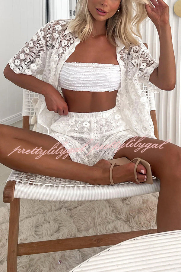 Floral Lace Short Sleeve Loose Blouse - Women's Summer Boho Top for Beach, Vacation & Casual Outings