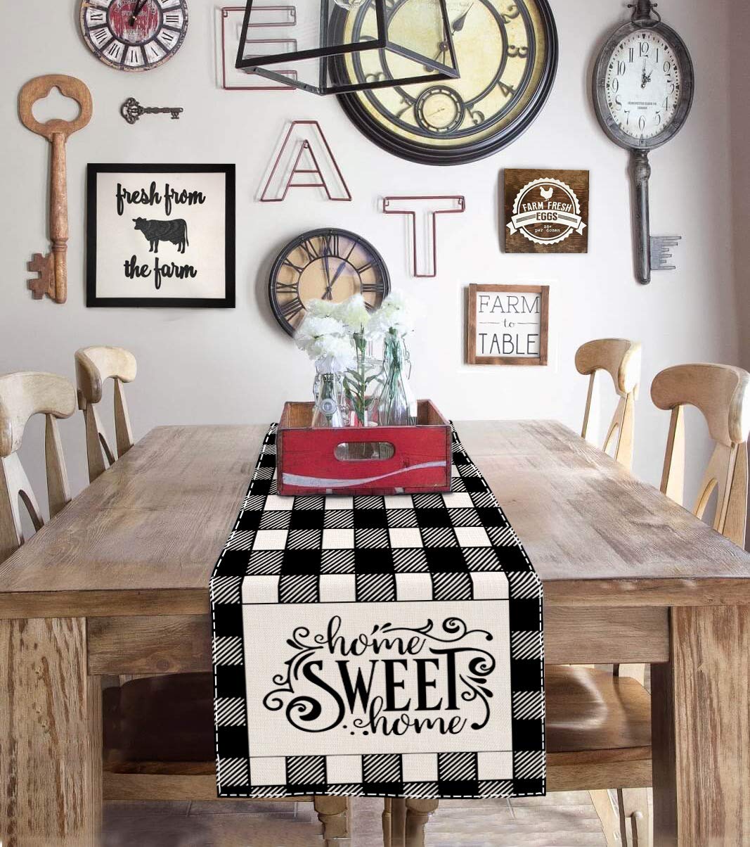 Farmhouse Home Sweet Home Buffalo Check Table Runner - 13x72 Inch Rustic Kitchen Dining Decor for Coffee Tables, Parties & Indoor/Outdoor Events - Perfect for Thanksgiving, Christmas & Seasonal Home Decor