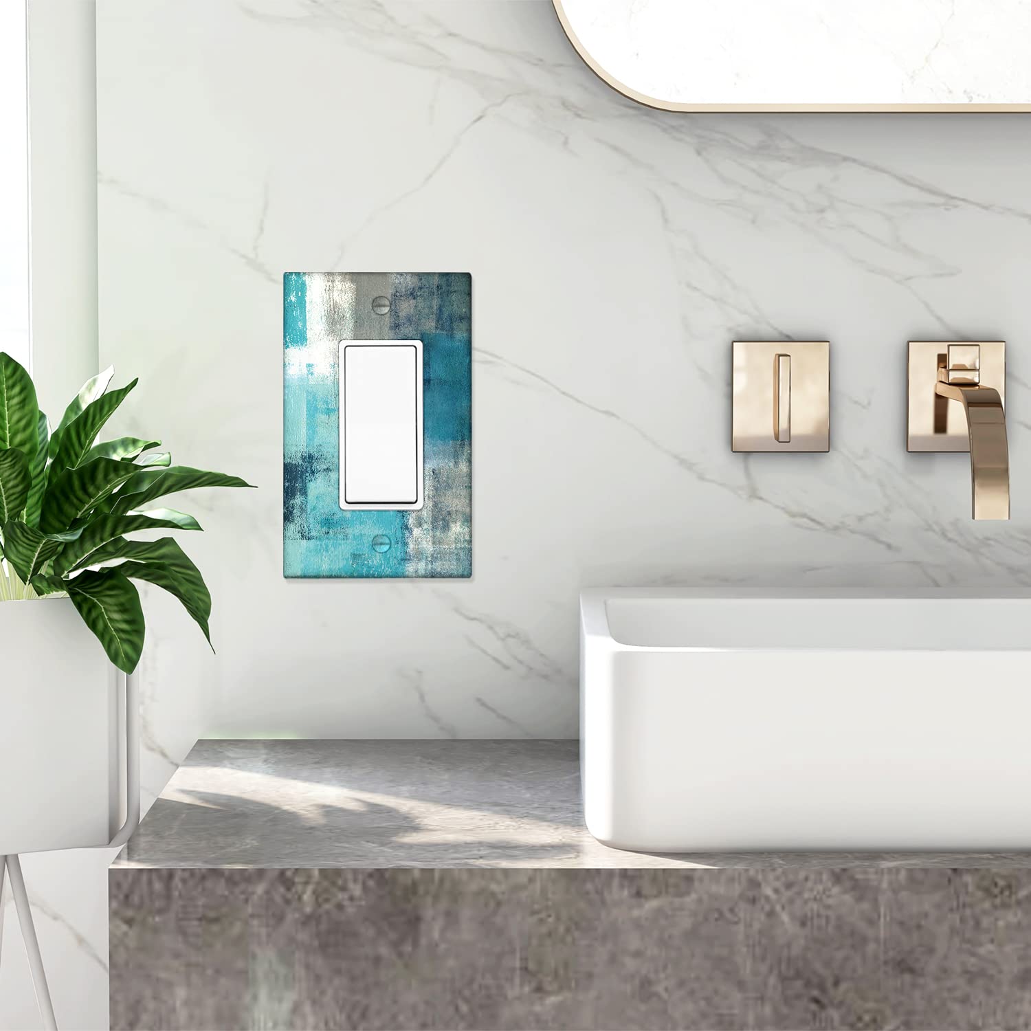Turquoise and Grey 1-Gang Rocker Wall Plate Cover - Teal Abstract Art Decorative Light Switch Cover - Modern Electrical Outlet Covers for Kitchen, Bedroom & Living Room - Home Decor Accessories