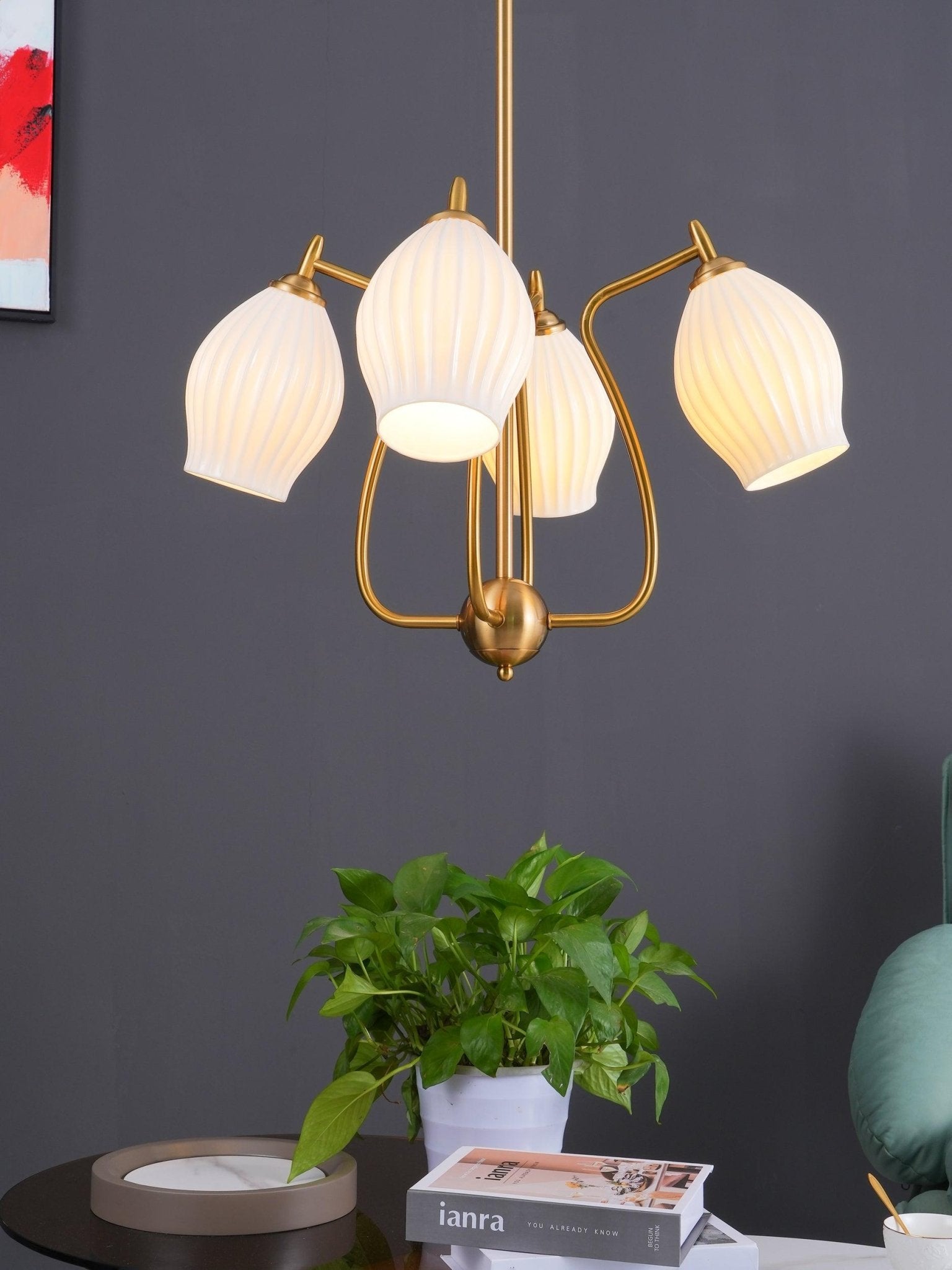 Elegant Ceramic Ribbed Chandelier - Modern Farmhouse Lighting Fixture for Dining Room, Living Room & Bedroom Ceiling Decor