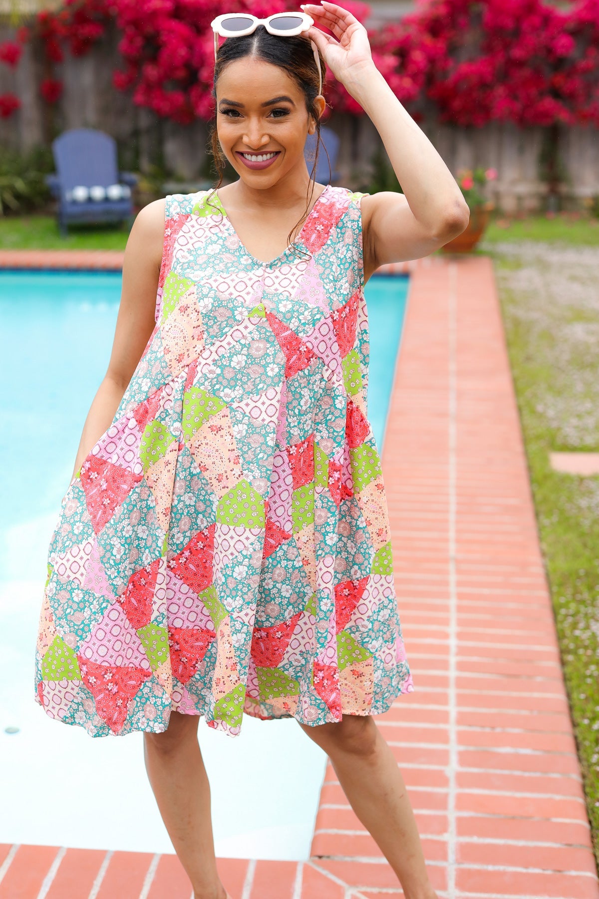 Hello Beautiful Peach & Sage Patchwork Babydoll Swing Dress - Flowy Summer Dress for Women, Boho Chic Midi Dress with Floral Print | Perfect for Beach Vacations, Date Nights & Outdoor Parties