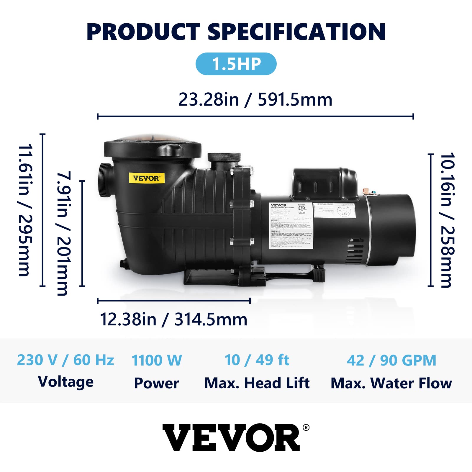 VEVOR 1.5HP 230V 1100W Double Speed Above Ground Pool Pump with Strainer Basket - 5400 GPH Max Flow, ETL Certified | Energy Efficient Swimming Pool Water Circulation for Inground & Above Ground Pools | Perfect for Backyard, Residential & Commercial Pool Maintenance