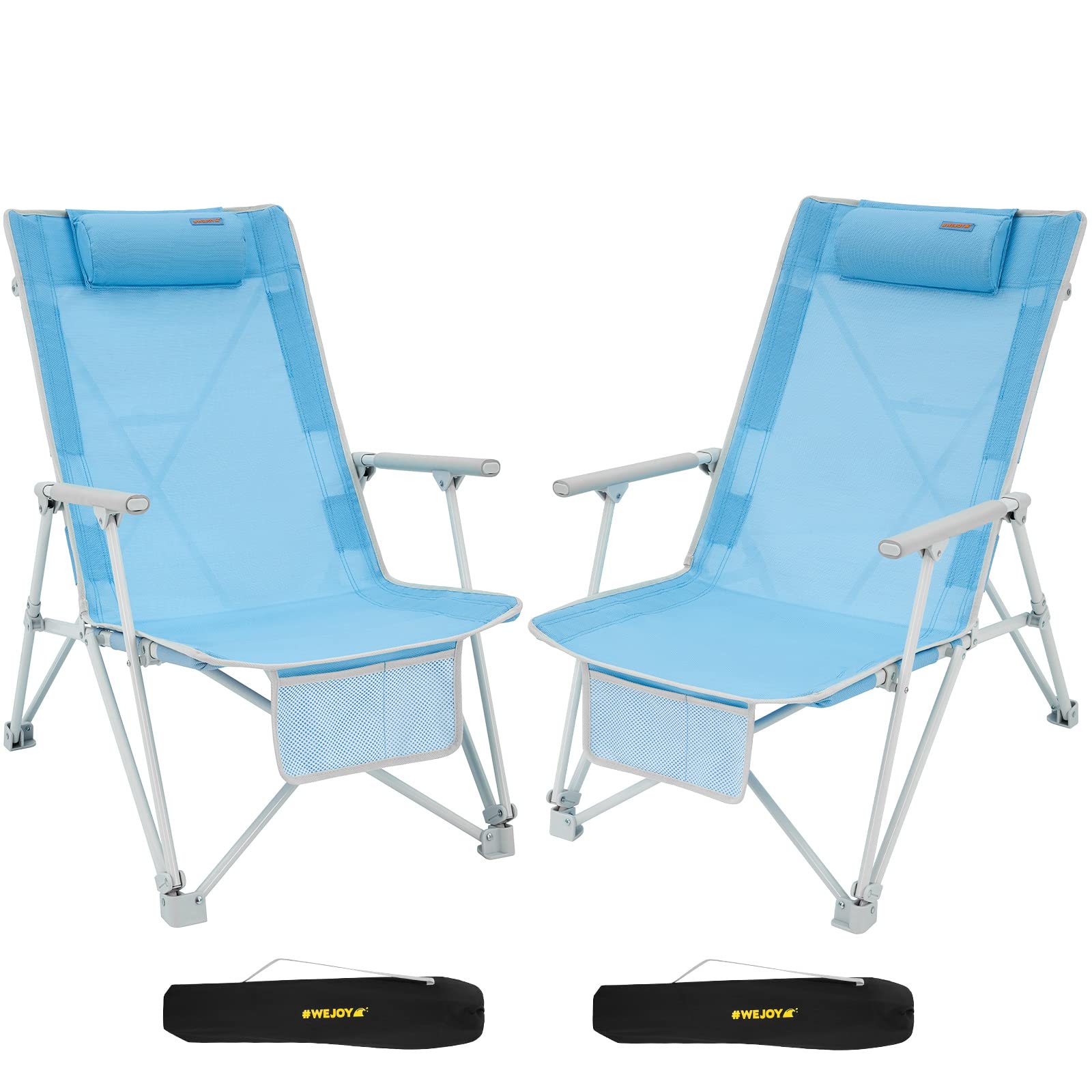 WEJOY 2 Pack Low Beach Chairs - Portable Folding High Back Lawn Chairs for Adults with Armrest & Headrest, 300lbs Capacity - Perfect for Beach, Camping, Concerts & Outdoor Events