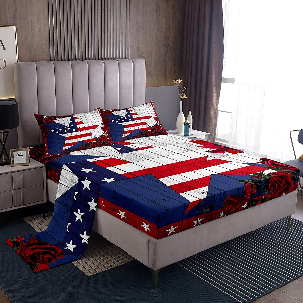 American Flag Twin Size Bed Sheet Set - 3 Piece Patriotic Bedding with Deep Pocket Fitted Sheet, Flat Sheet & Pillowcase | Kids Boys Girls Room Decor | Perfect for 4th of July, Memorial Day & Veterans Day Celebrations