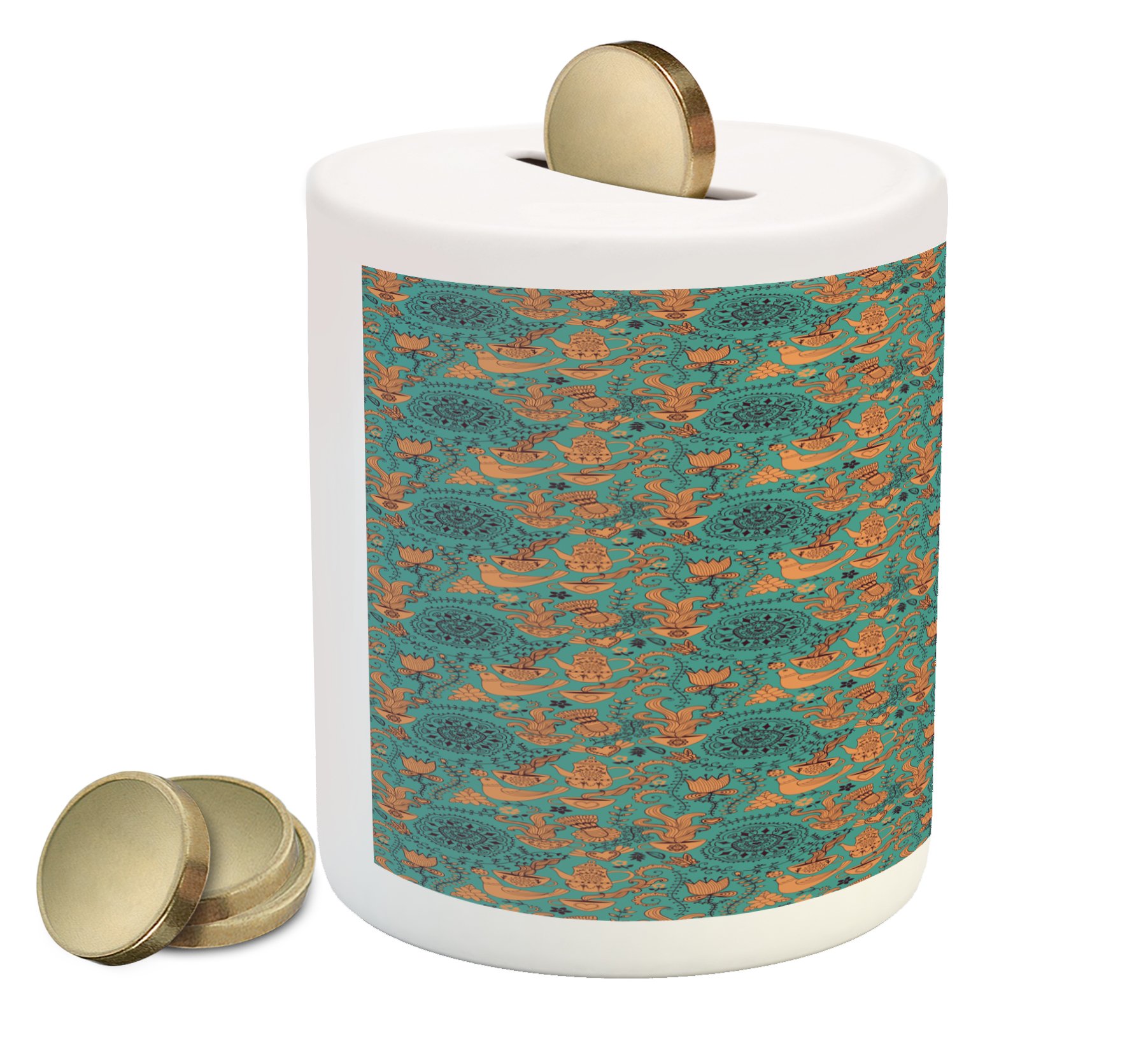 Ambesonne Vintage Ceramic Piggy Bank - Nature Scroll Art with Birds, Flowers, Teapot & Cups - Printed Coin Bank for Cash Savings in Turquoise, Pale Caramel & Dark Brown | Perfect Gift for Kids, Collectors & Home Decor