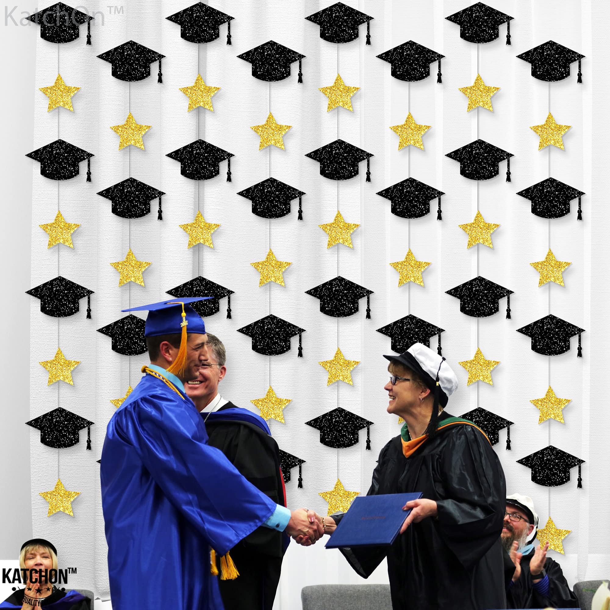 KatchOn 10 Feet Glitter Graduation Cap Garland - 8 String Black & Gold Graduation Decor 2025 | No DIY Graduation Party Supplies | Perfect for Graduation Ceremony Decorations, Photo Backdrops & College Grad Celebrations