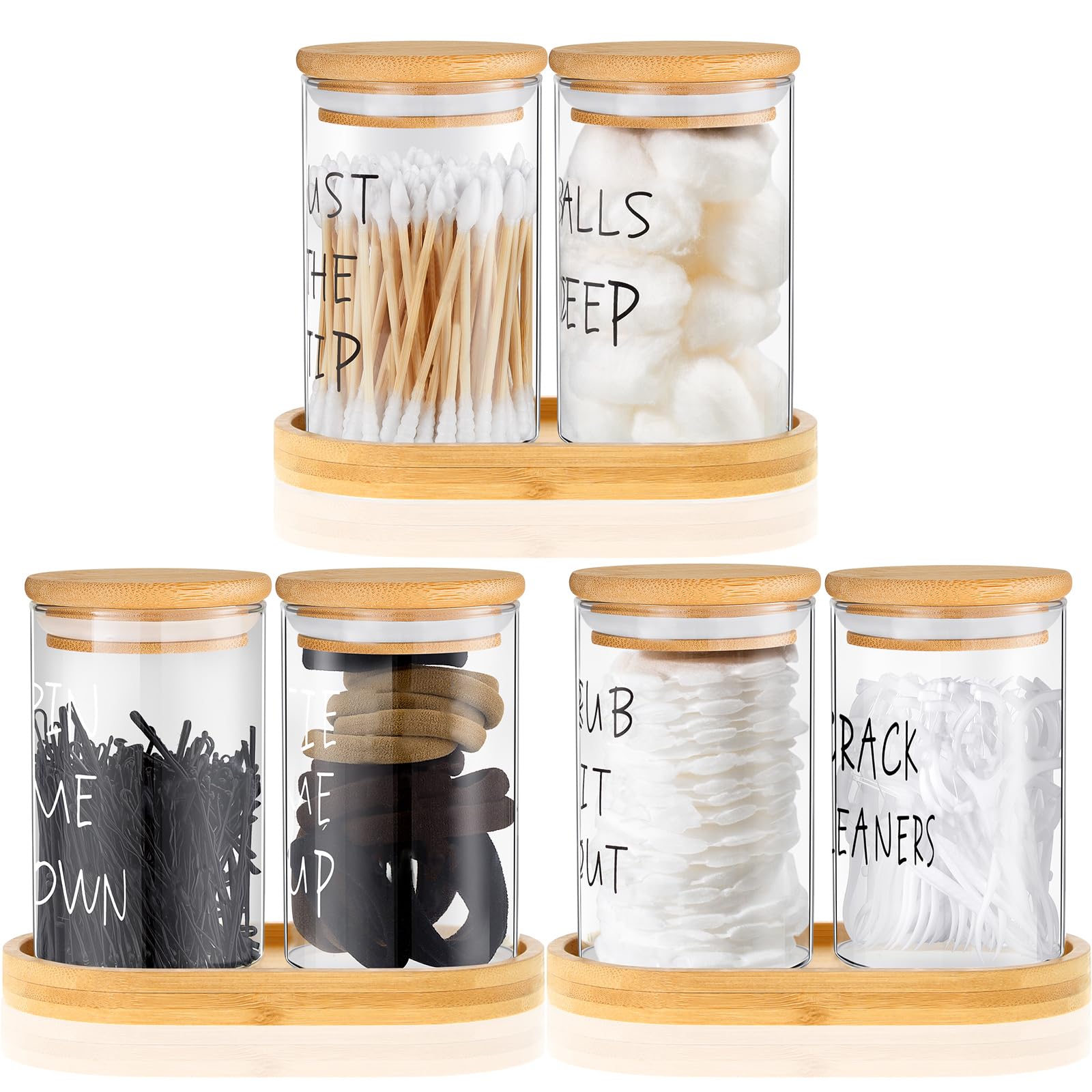 6-Piece Cotton Ball Holder Set with Glass Apothecary Jars & Bamboo Tray - Bathroom Countertop Organizer for Cotton Balls, Q-Tips & Beauty Essentials - Perfect for Vanity, Spa Decor & Home Storage Solutions