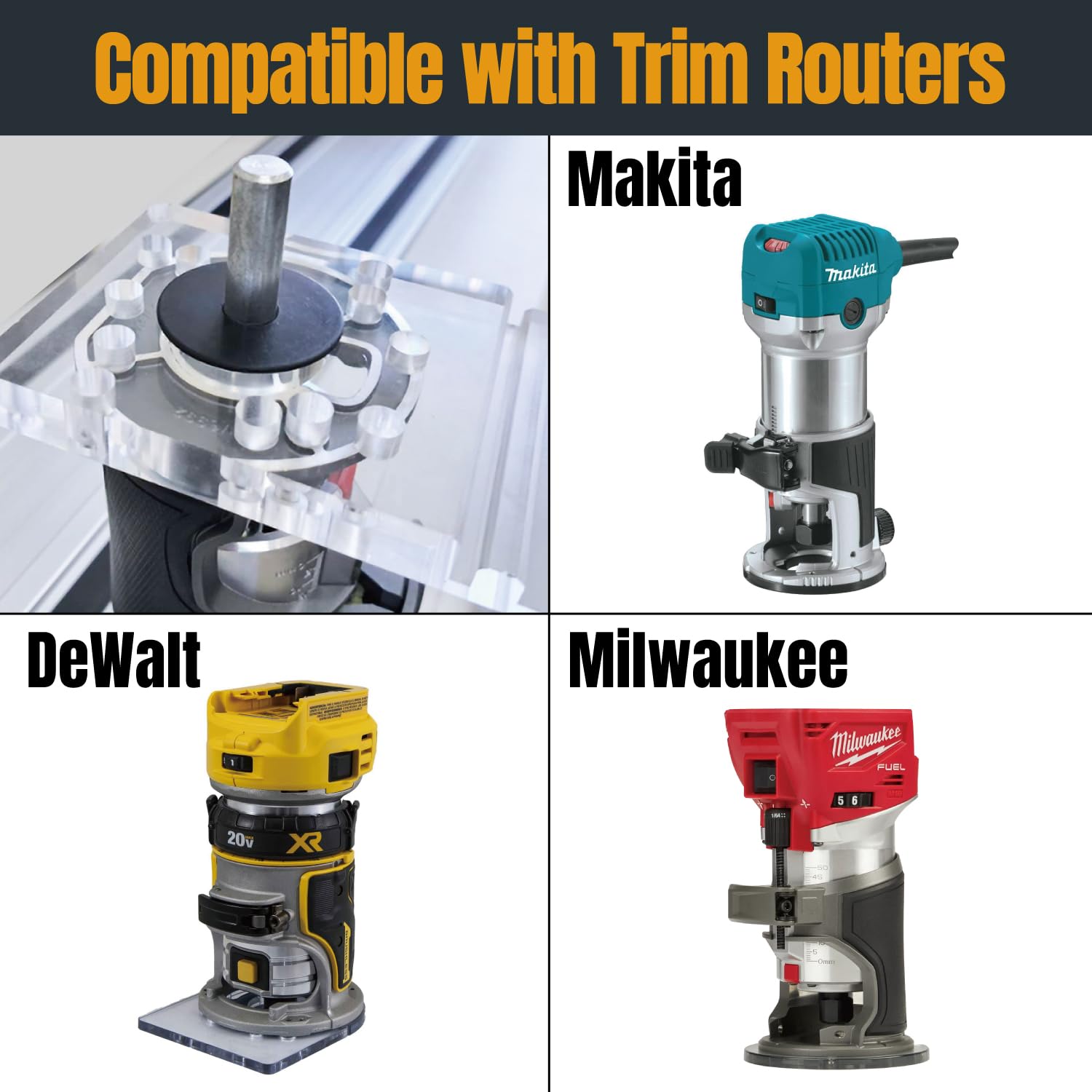 PowerTec Guide Rail Adapter for Fixed Base Trim Routers - Compatible with DeWalt, Makita & Milwaukee - Connects to WEN, Makita & Milwaukee Guide Rails (Models 71550, 71153, 71387, 71921) - Perfect for Woodworking, Cabinet Making & Precision Edge Trimming