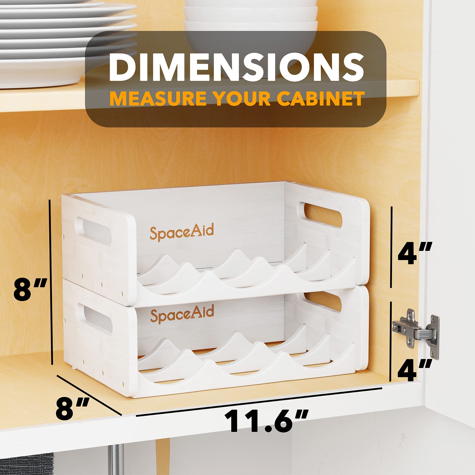 SpaceAid Bamboo Water Bottle Organizer with Labels - 2 Pack 3-Slot Kitchen Pantry Storage Rack for Cabinets, Home Cup & Wine Bottle Holder Shelf Organizer (White) - Perfect for Kitchen, Pantry & Bathroom Organization