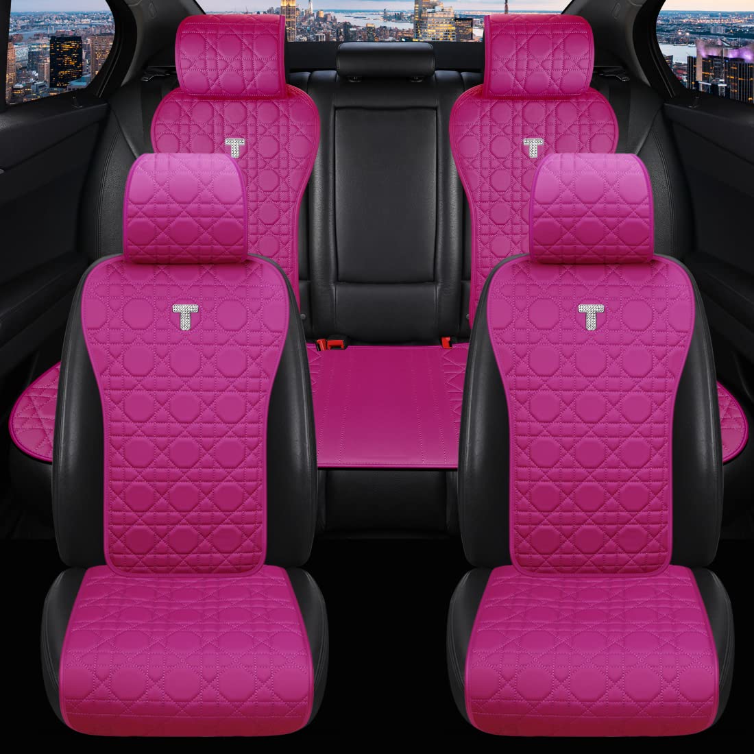 Luxury Rose Pink Leather Car Seat Covers - Universal Fit for Cars, Trucks & SUVs (11-Piece Set) | Premium Protection & Stylish Upgrade for Daily Commute & Road Trips