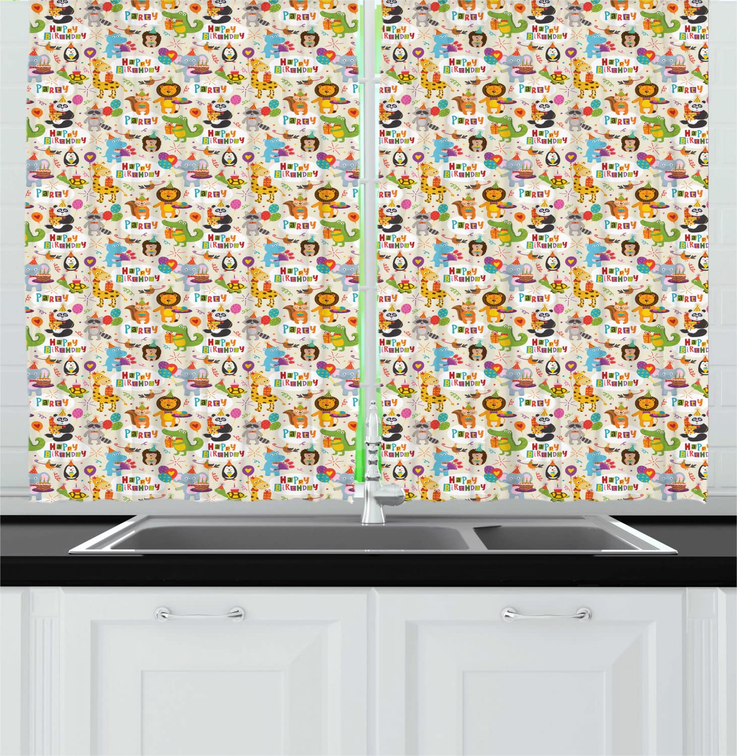 Ambesonne Safari Animal Birthday Party Kitchen Curtains - Happy Theme with Leon Fox Bird Print, 2 Panels Rod Pocket Drapes, 55