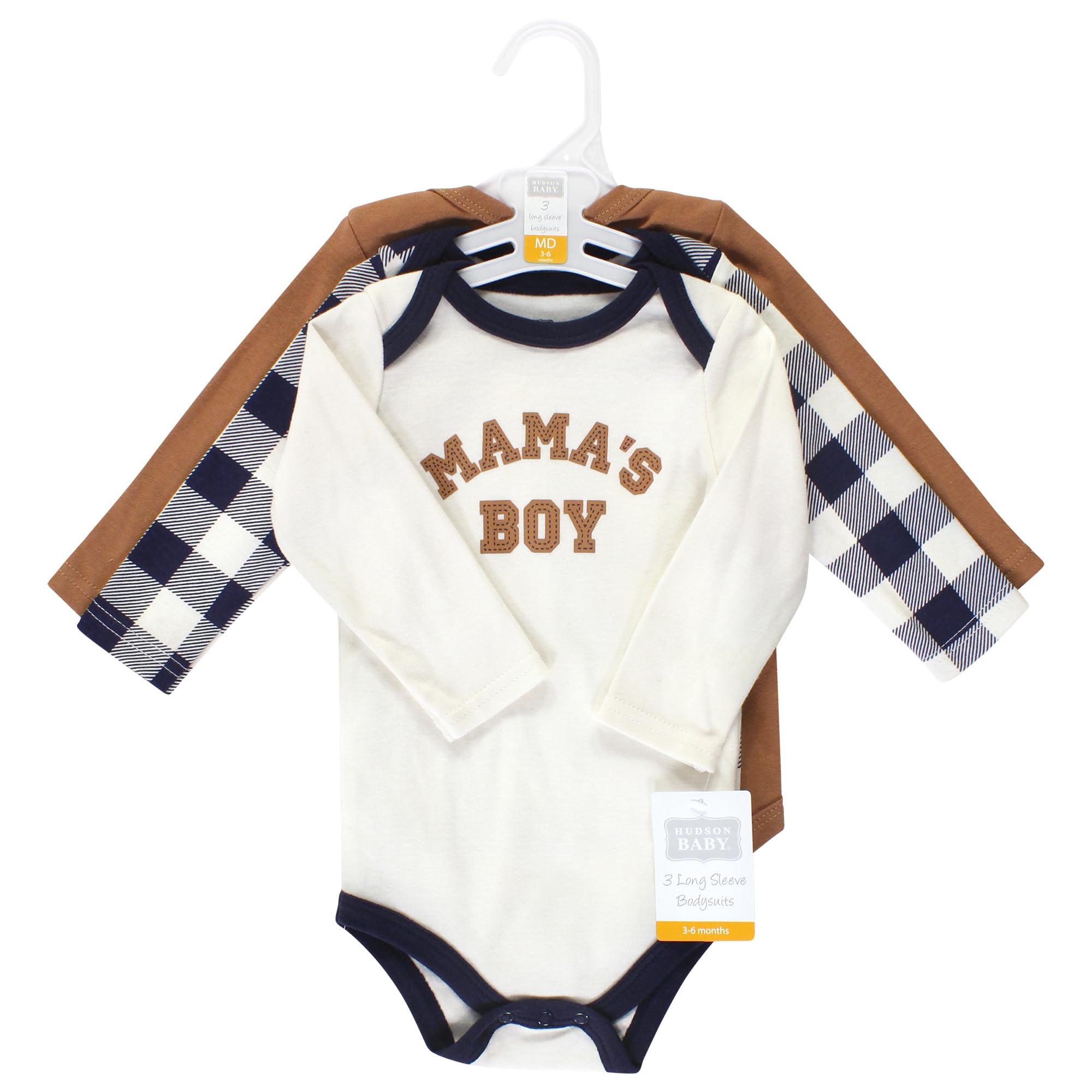 Hudson Baby Unisex Cotton Long-Sleeve Bodysuits - 3 Pack (Brown Navy Mamas Boy) | 18-24 Months | Soft & Comfortable Baby Onesies for Daily Wear, Playtime & Photo Shoots