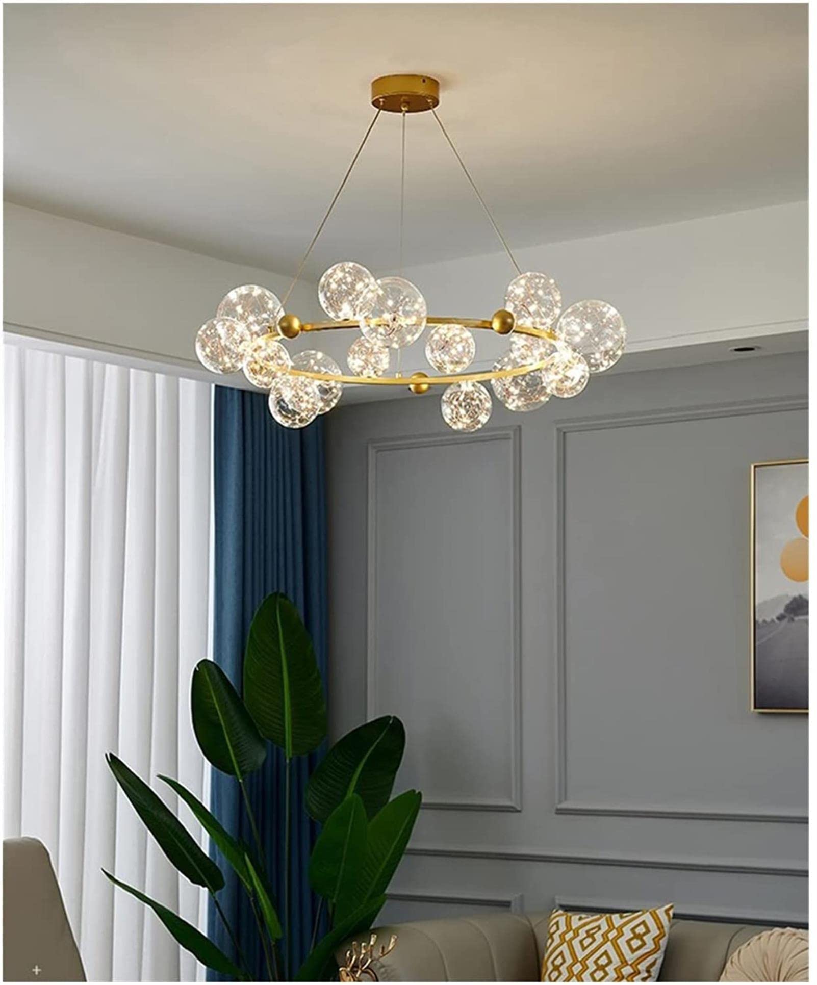 Modern Gold/Black LED Chandelier with Clear Glass Bubbles - Star Light Fixture for Living Room, Dining Room, Bedroom - Warm White Lighting - Elegant Home Decor for Parties & Romantic Dinners (B-15 Bubbles)