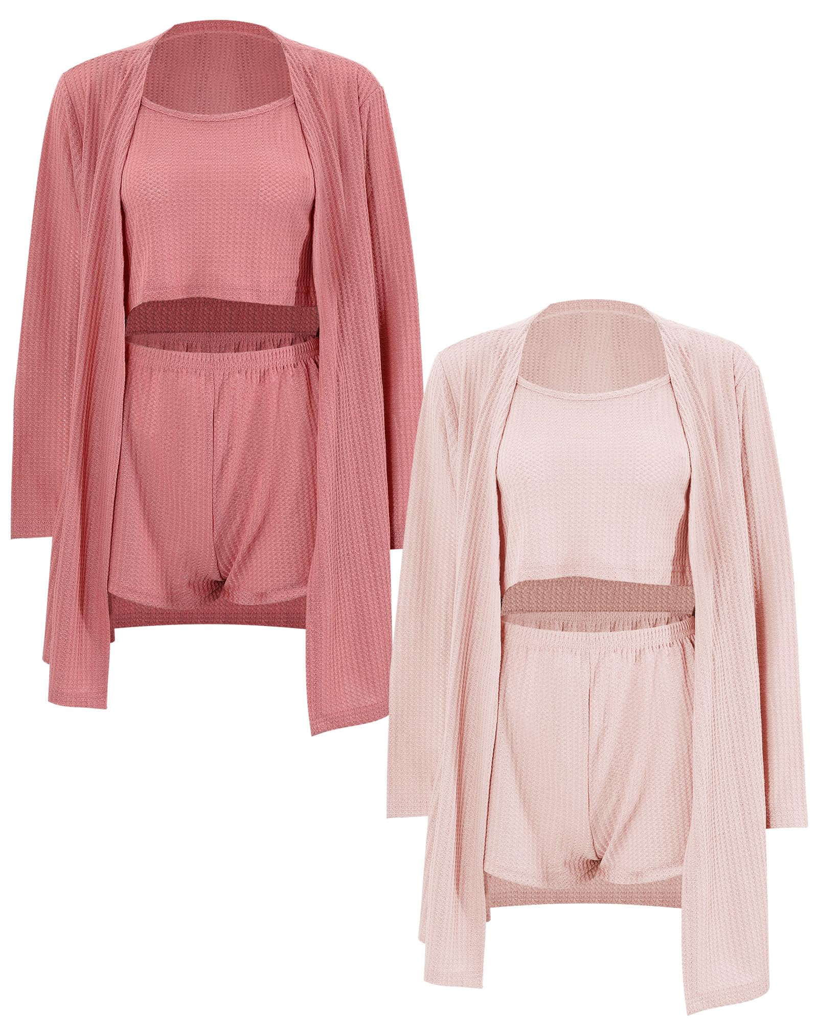 2 Sets Women's Pajama Sets - Soft Knit Lounge Sleepwear with Cardigan Robe & Cami Top - Perfect for Women's Day Gifts, Relaxing at Home, Sleepovers and Cozy Nights