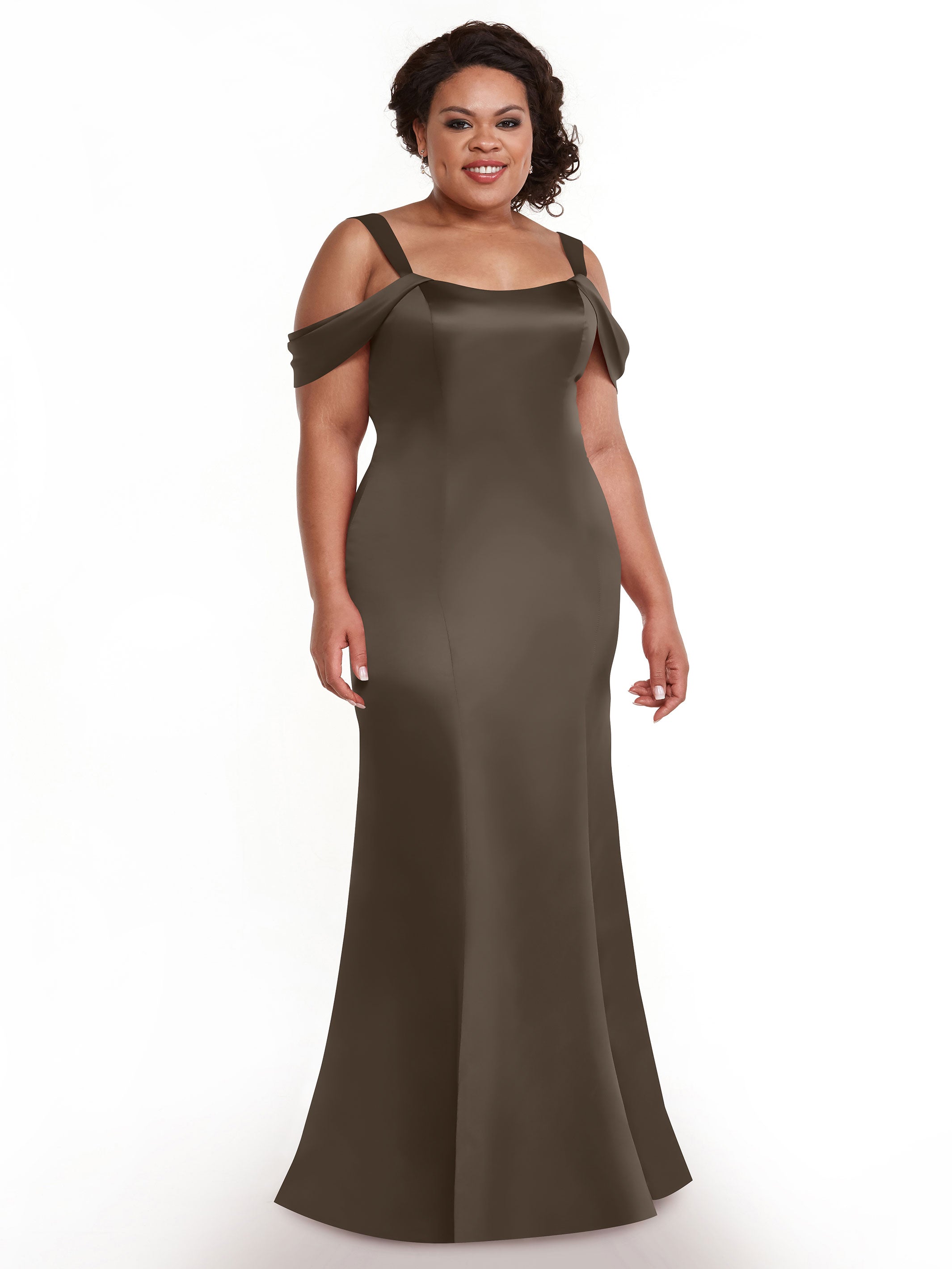 Elegant 80151 Fitted Satin Bridesmaid Dress with Off-The-Shoulder Sleeves - Perfect for Weddings, Formal Events & Special Occasions