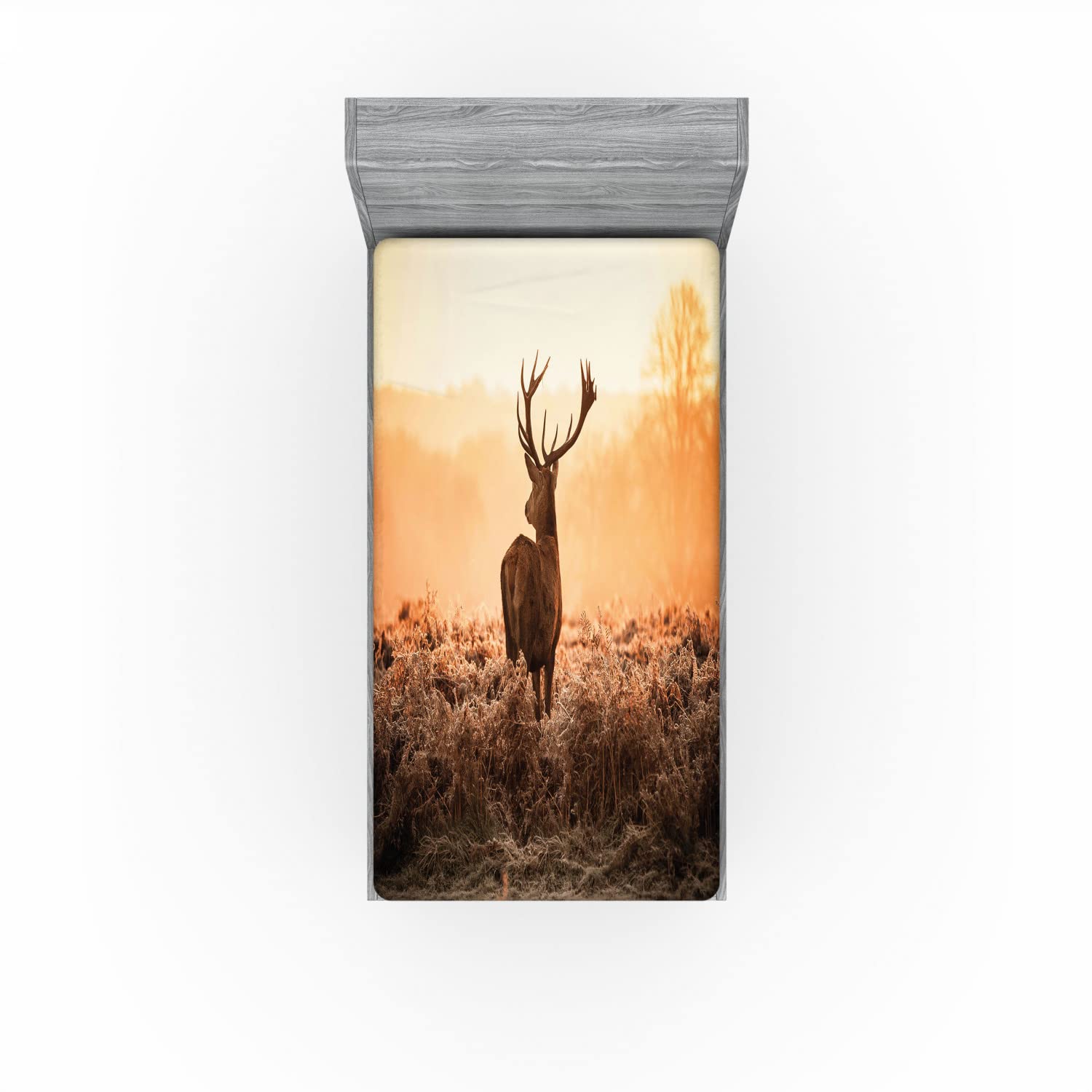 Ambesonne Hunting Fitted Sheet - Red Deer in Morning Sun Wilderness Nature Scenery, Deep Pocket Elastic Twin XL Bed Cover - Brown Orange for Countryside & Rural Decor | Perfect for Hunting Cabins, Lodge Bedrooms & Outdoor Enthusiasts
