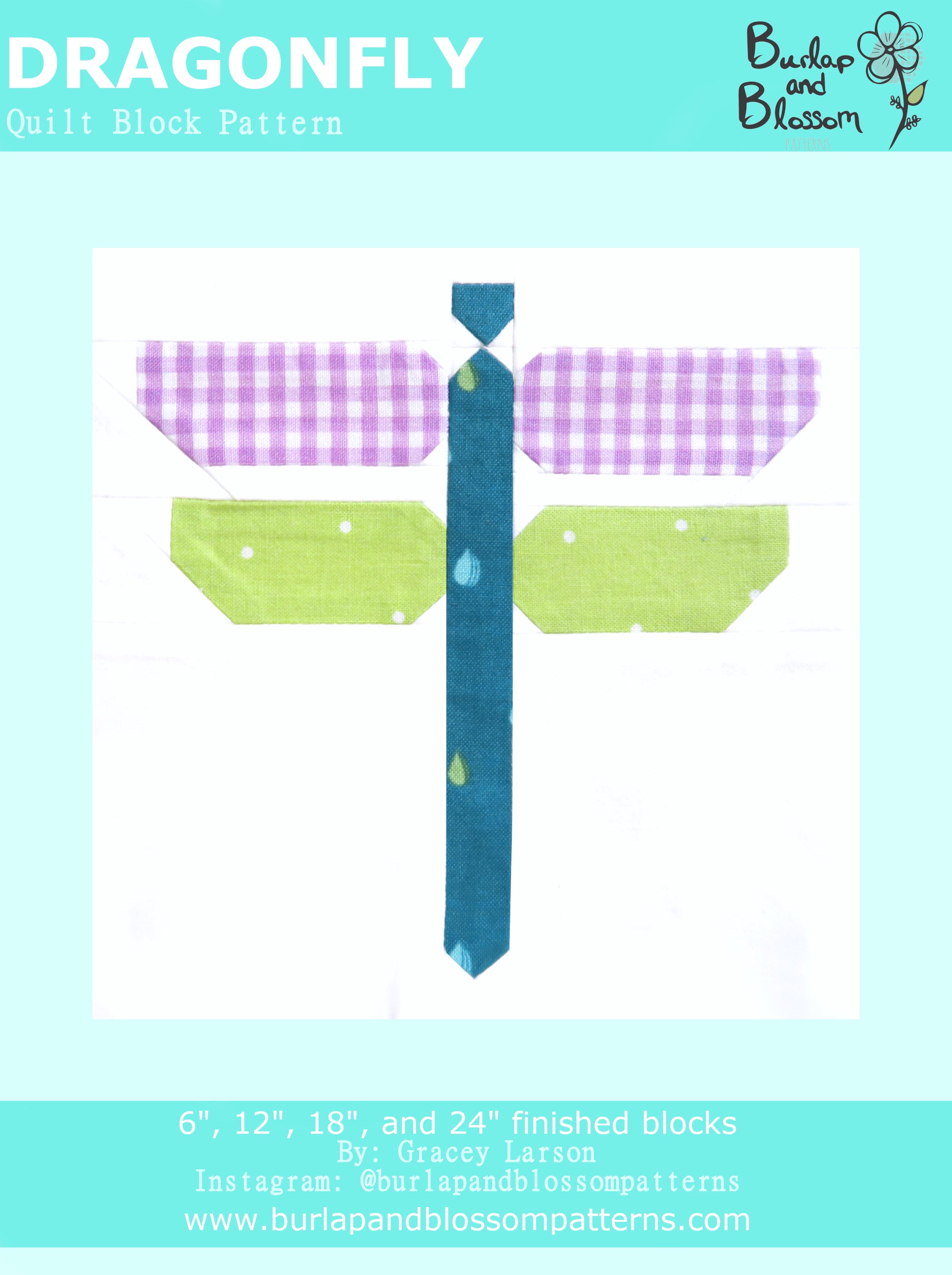 Digital Download Dragonfly Quilt Block Pattern - Burlap and Blossom Design for DIY Quilting Projects & Home Decor
