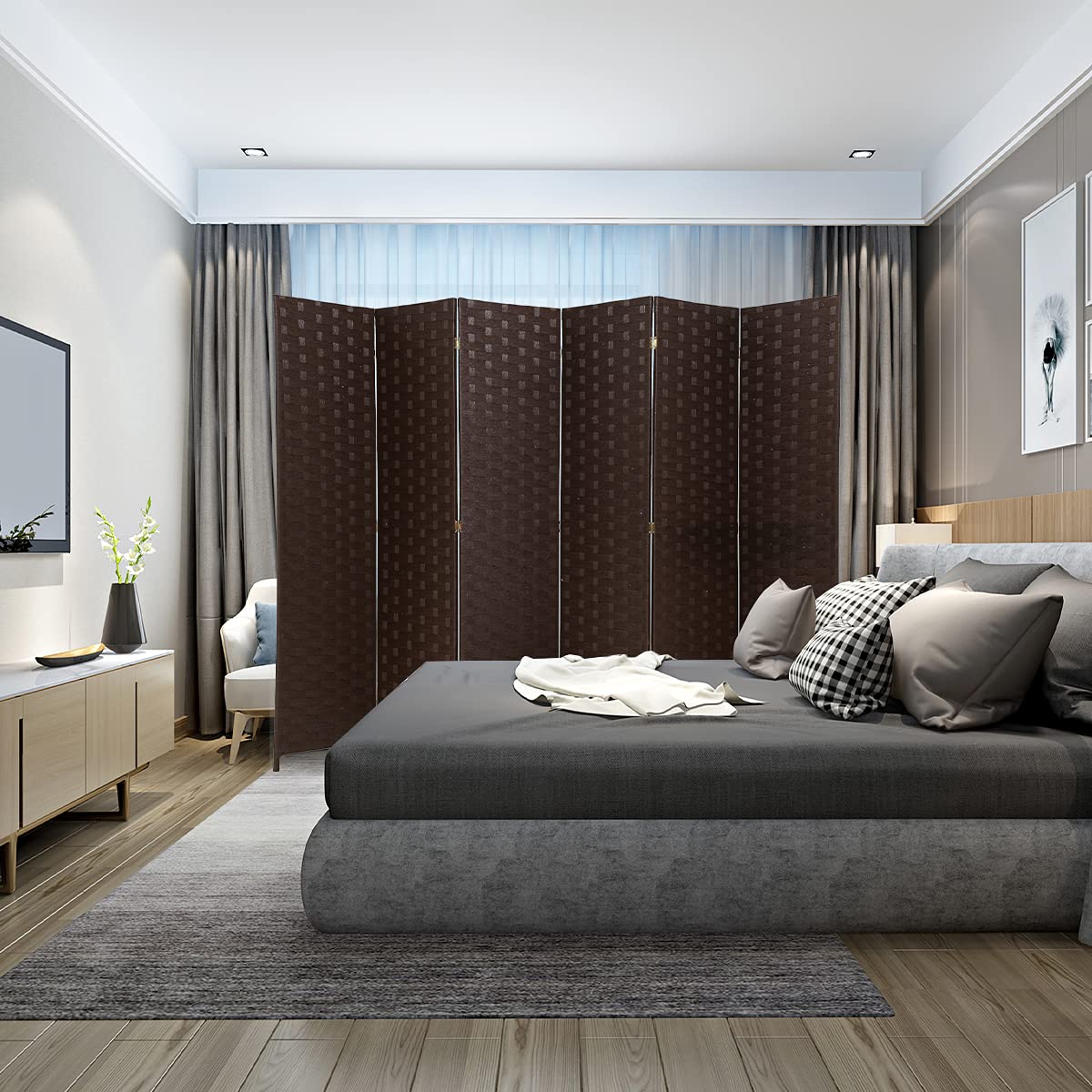 6-Panel Wood Mesh Woven Room Divider - Foldable Privacy Screen for Home Office, Bedroom & Living Room | Portable Partition with Natural Brown Finish | Perfect for Creating Private Spaces in Open Areas