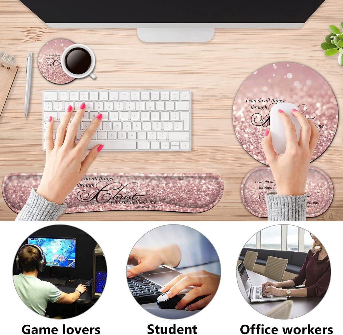 Ergonomic 4-Piece Keyboard & Mouse Wrist Rest Set with Memory Foam Support & Coaster - Pink Glitter Design for Comfortable Computer Use at Home & Office (Philippians 4:13 Inspired) | Perfect for Typing, Gaming & Long Work Sessions